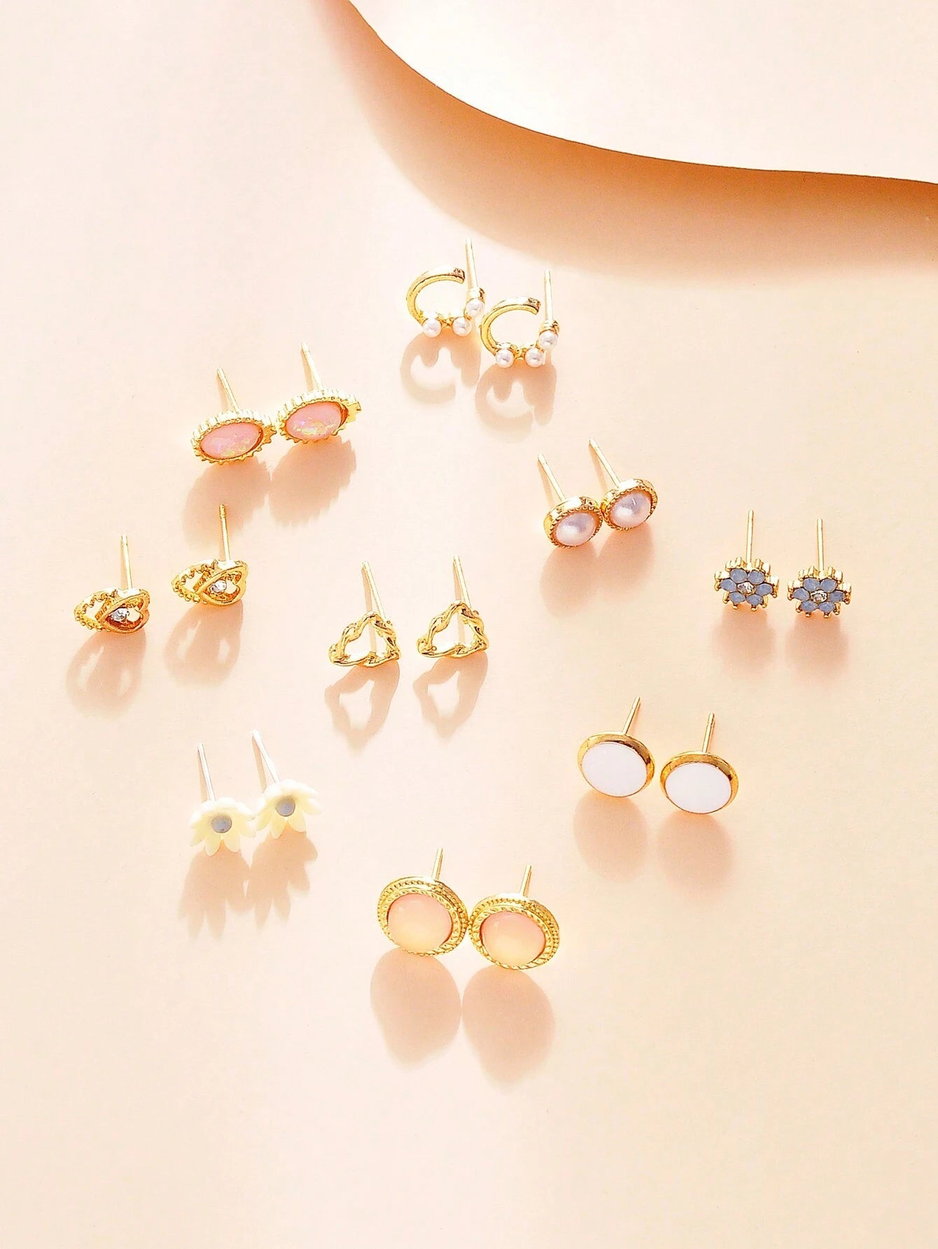 9Pairs/Set Rhinestone & Flower Decor Stud Earrings