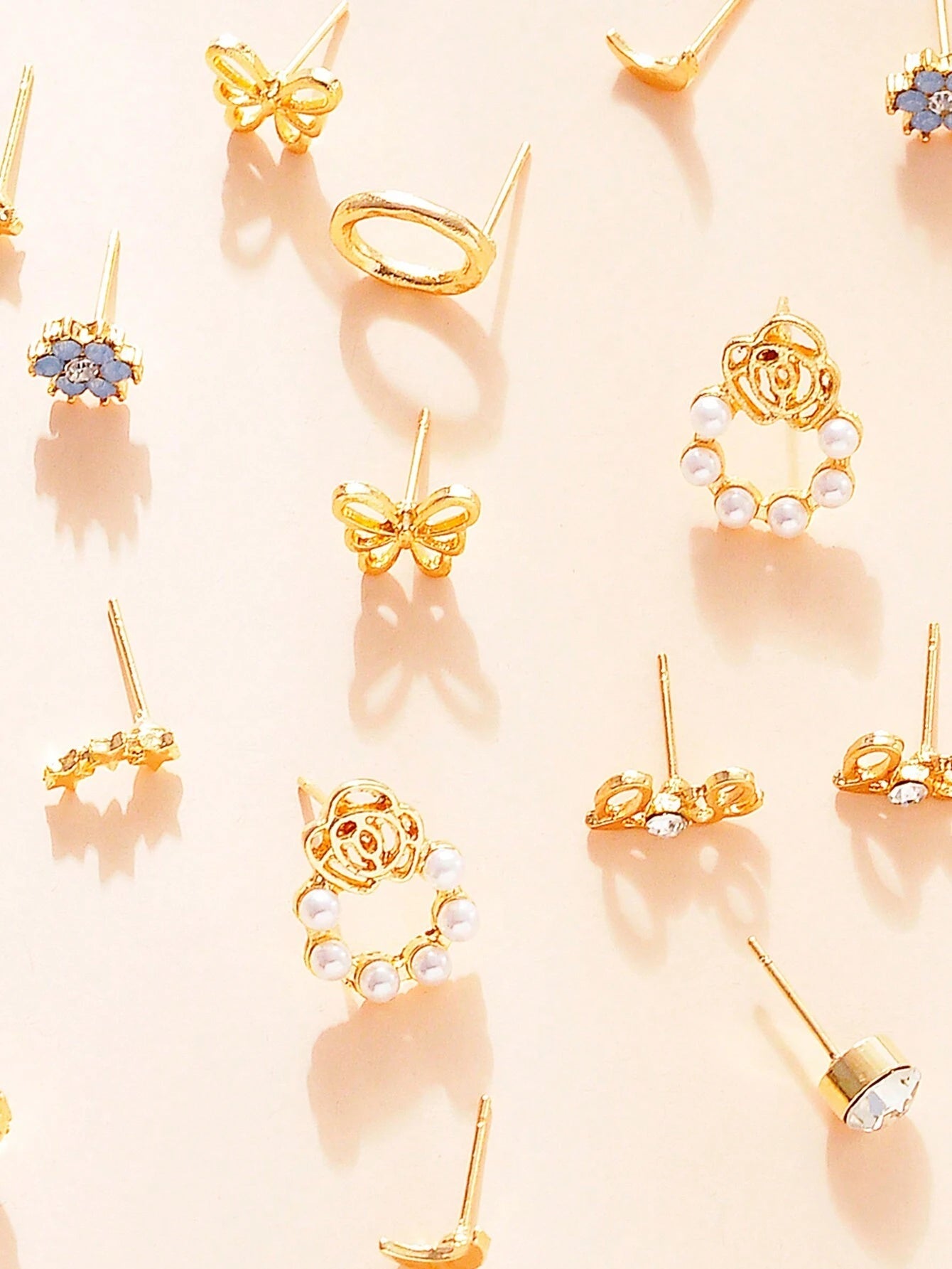 9Pairs/Set Rhinestone & Flower Decor Stud Earrings