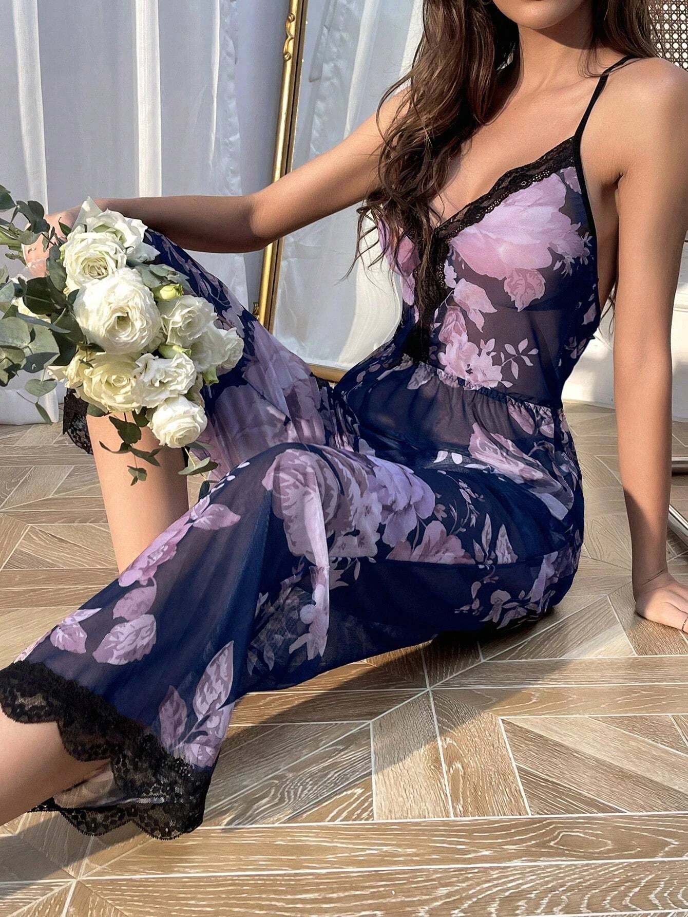 Floral Print Contrast Lace Crisscross Back Mesh Cami Sleep Jumpsuit