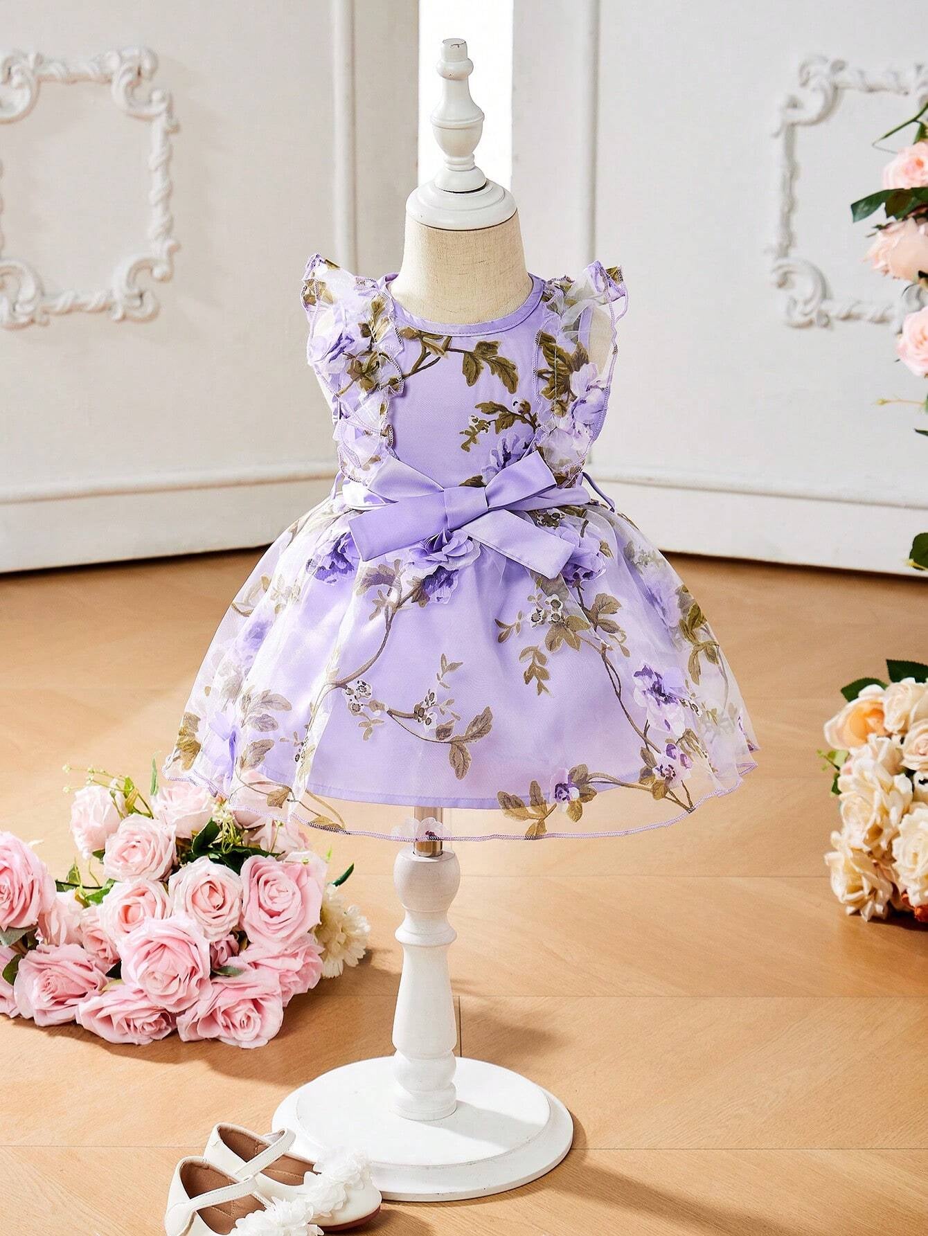 Baby Girls' Organza Floral Print Back Zipper Knot Waist Dress