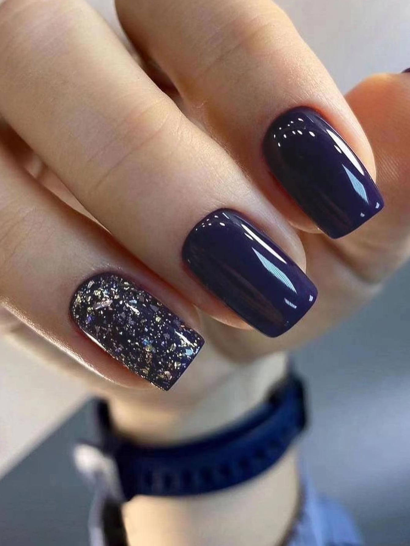 Elevate Your Style with 24Pcs Long Square Navy Blue Glitter Full Coverage Fake Nail Set for Women Girls Daily Wear