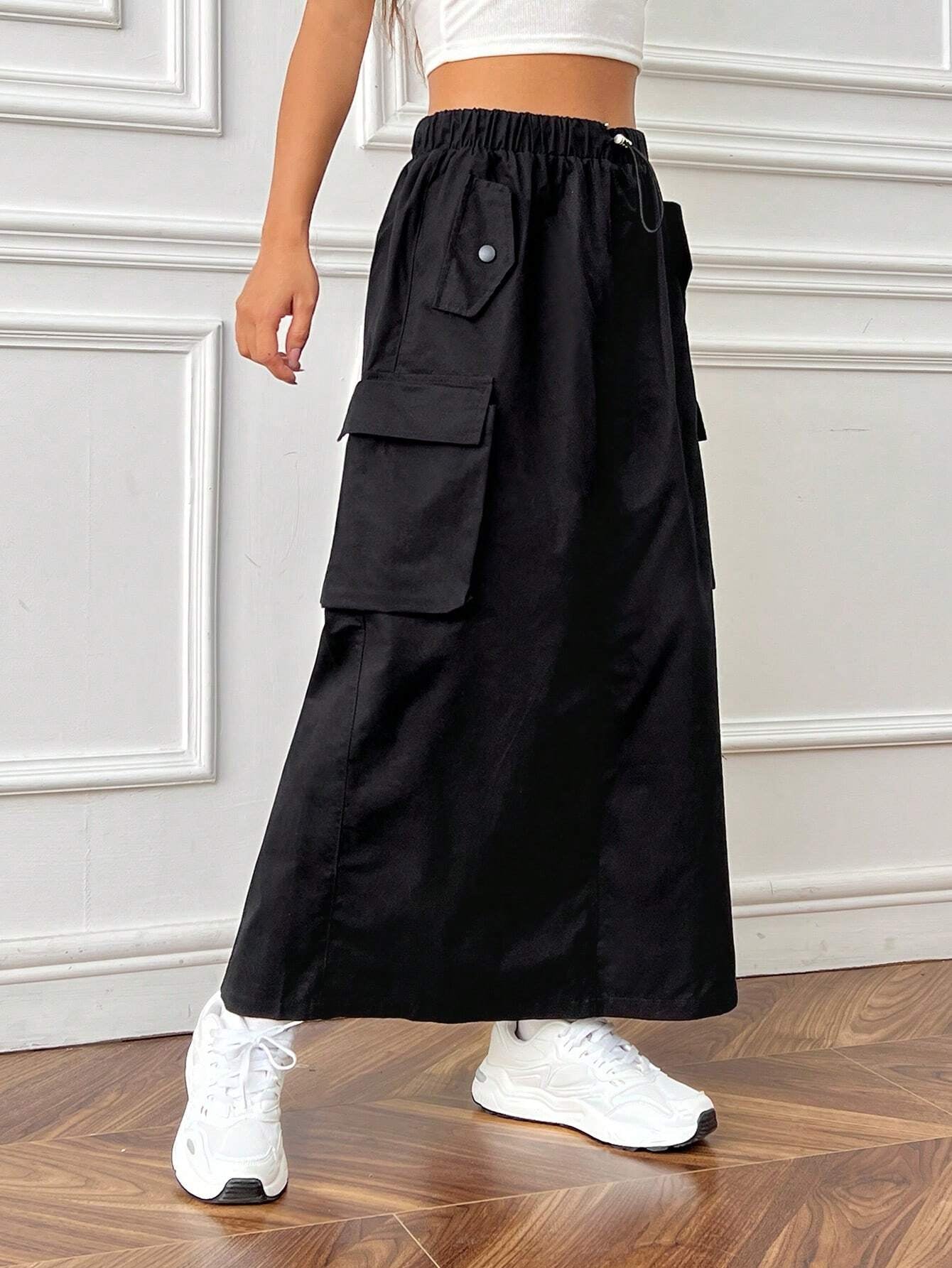 Ezwear Flap Pocket Side Drawstring Waist Cargo Skirt