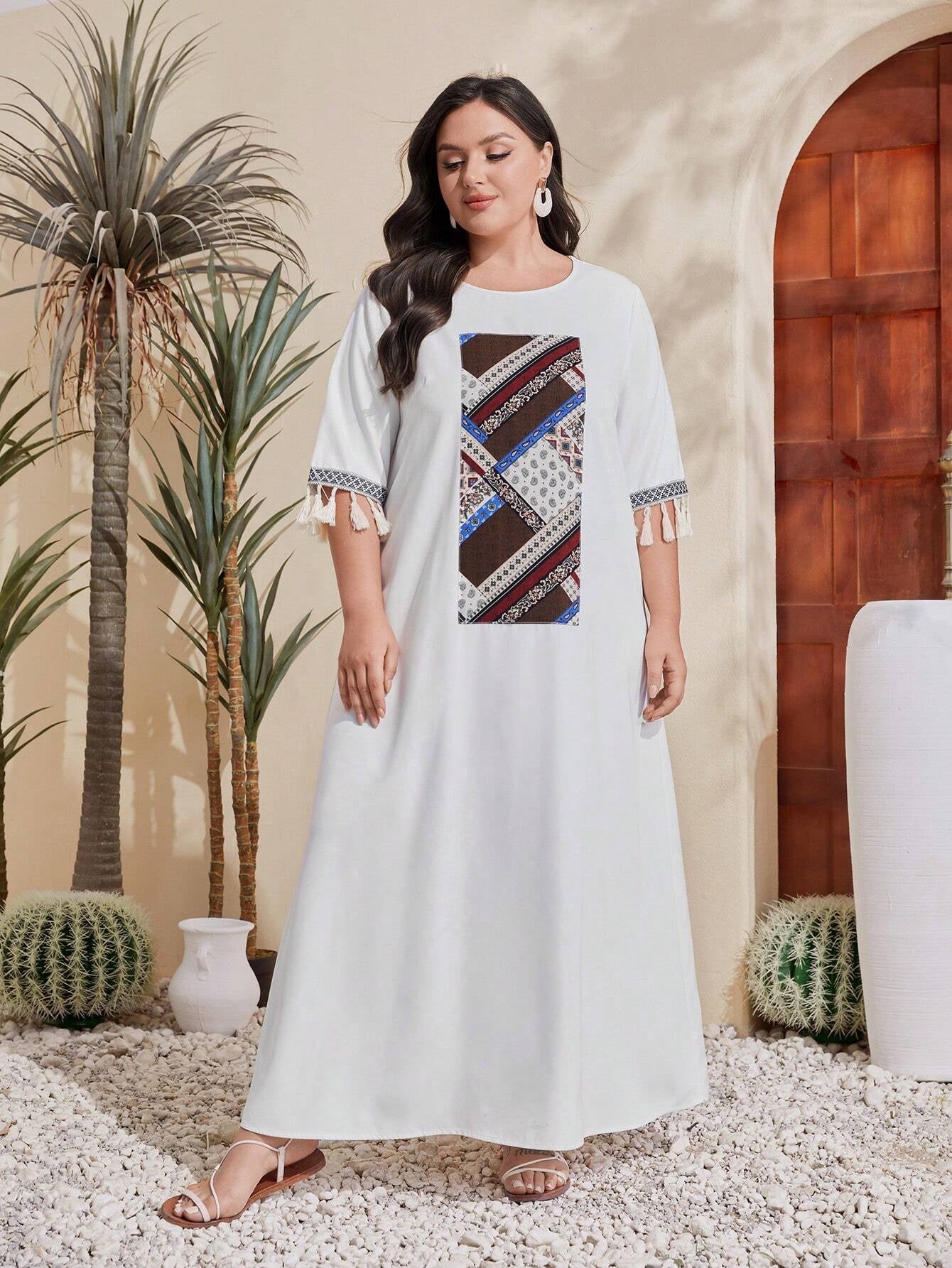 Mulvari plus Size Patchwork Printed Fringe Decorated Dress