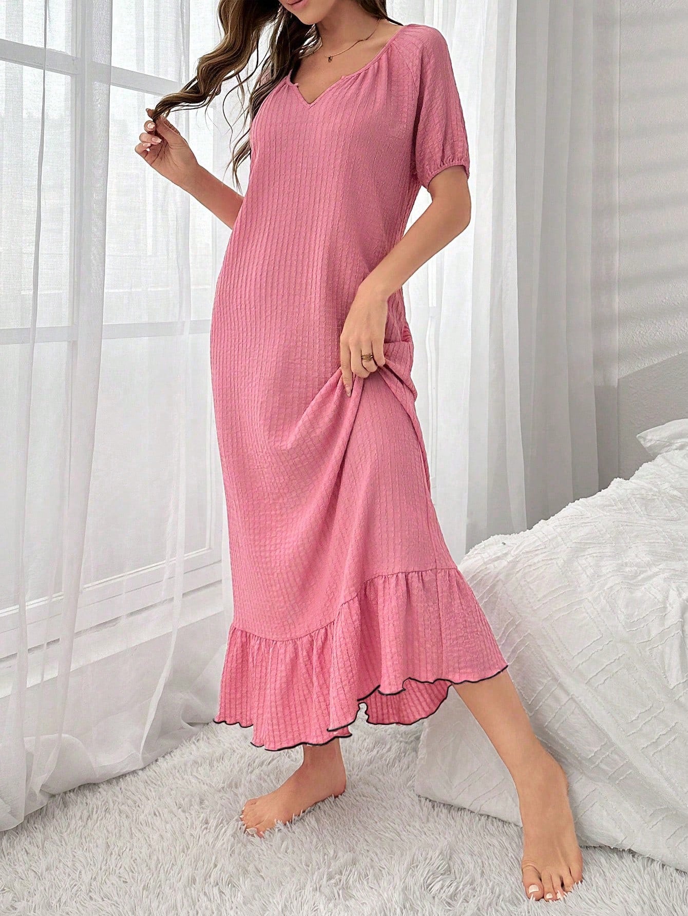 Plain Loose Fit Notched V-Neck Extra Long Women Homewear Nightgown Dress