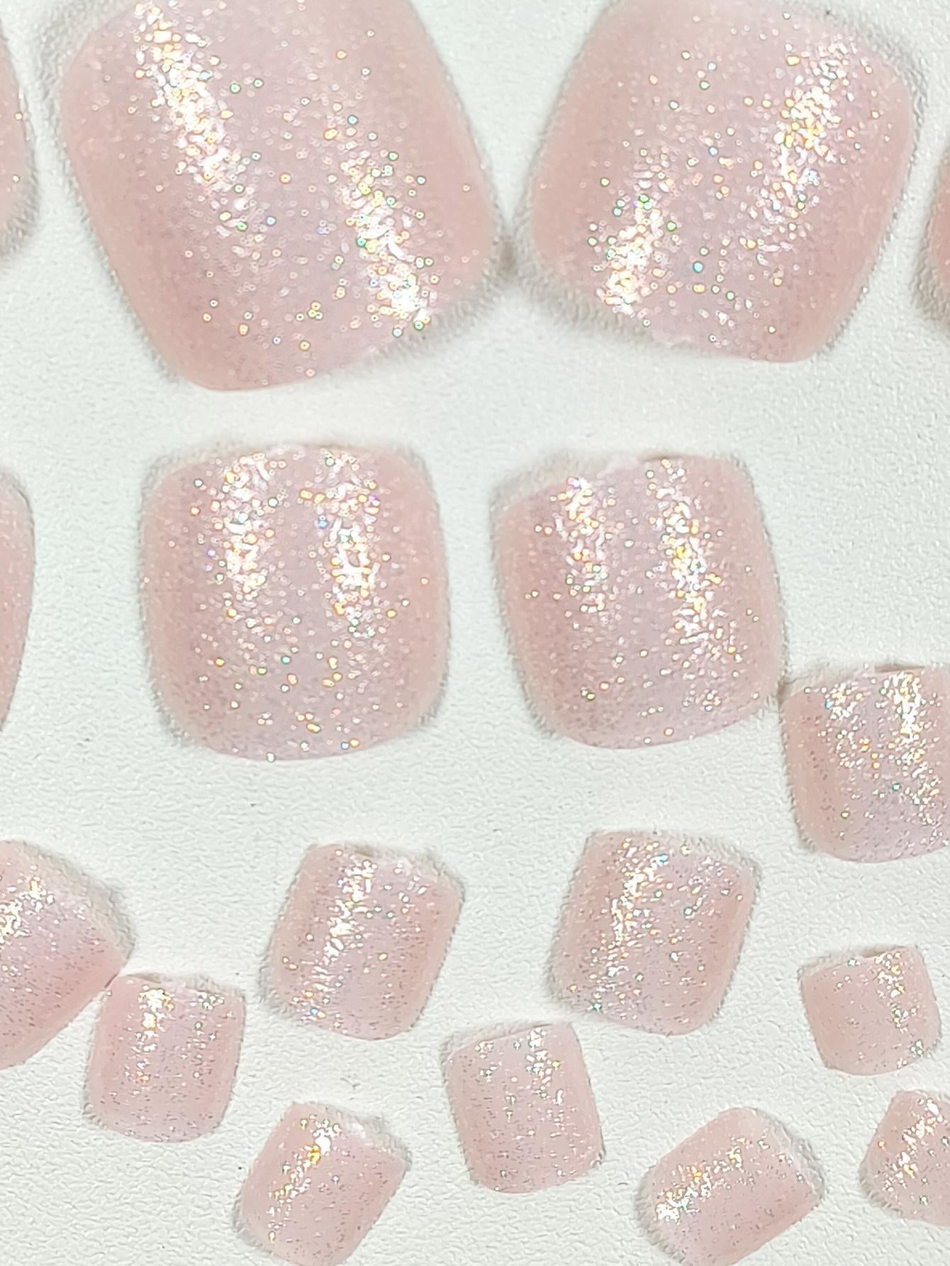 Upgrade Your Look with 24Pcs Short Square Sheer Full Cover Fake Toenail Press-On Pedicure Gel Nails Kit