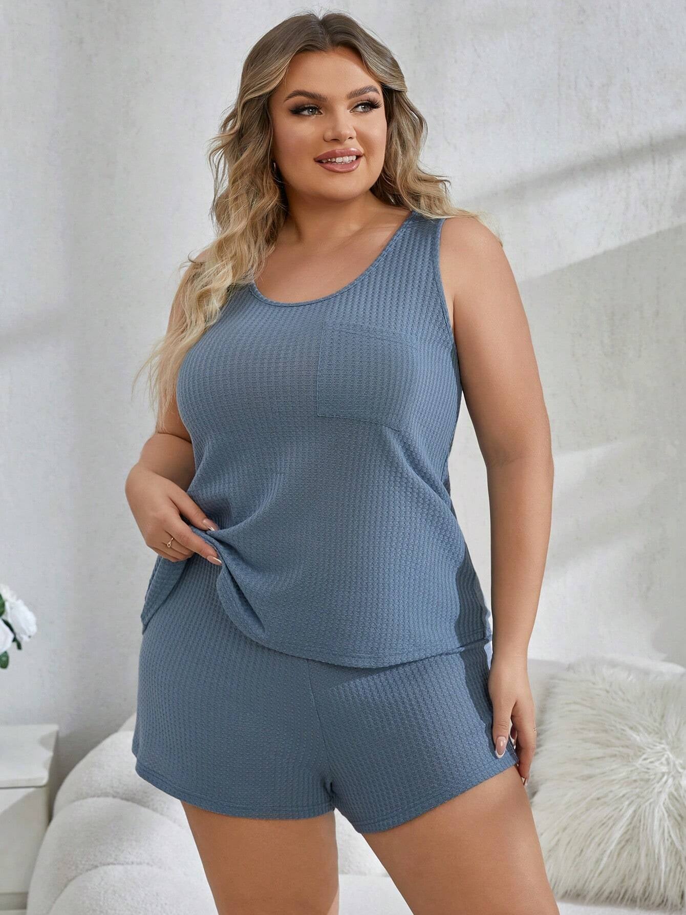 Plus Size Solid Color Basic Leisure Waffle Design Vest and Shorts Home Wear Set