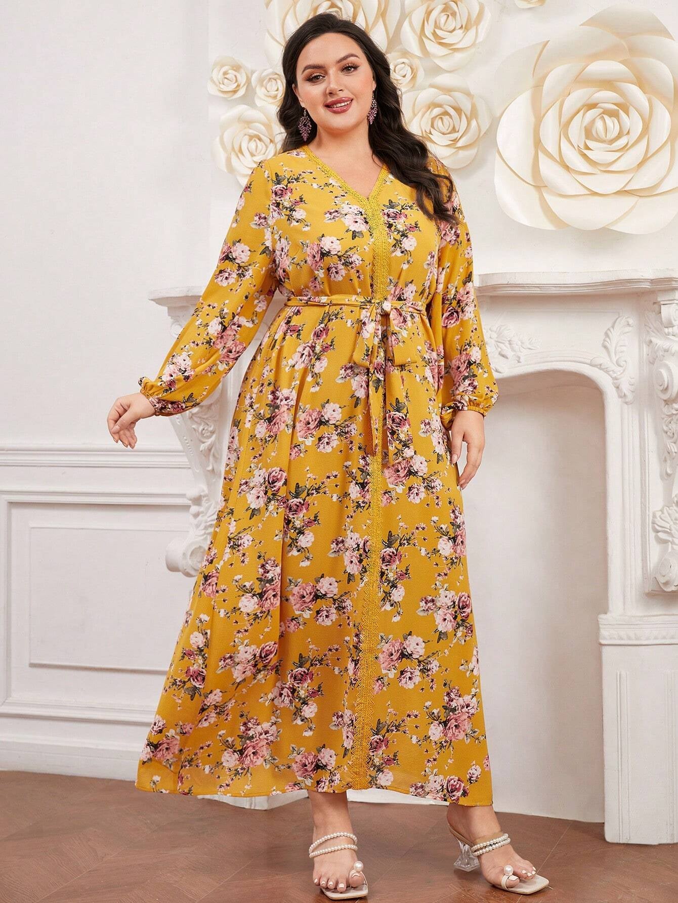 Mulvari plus Size Floral Print Lace Trim Lantern Sleeve Dress
