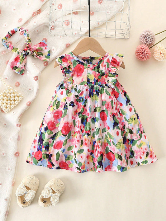 Baby Girl'S Full Print Floral Dress with Ruffled Hem and Headband