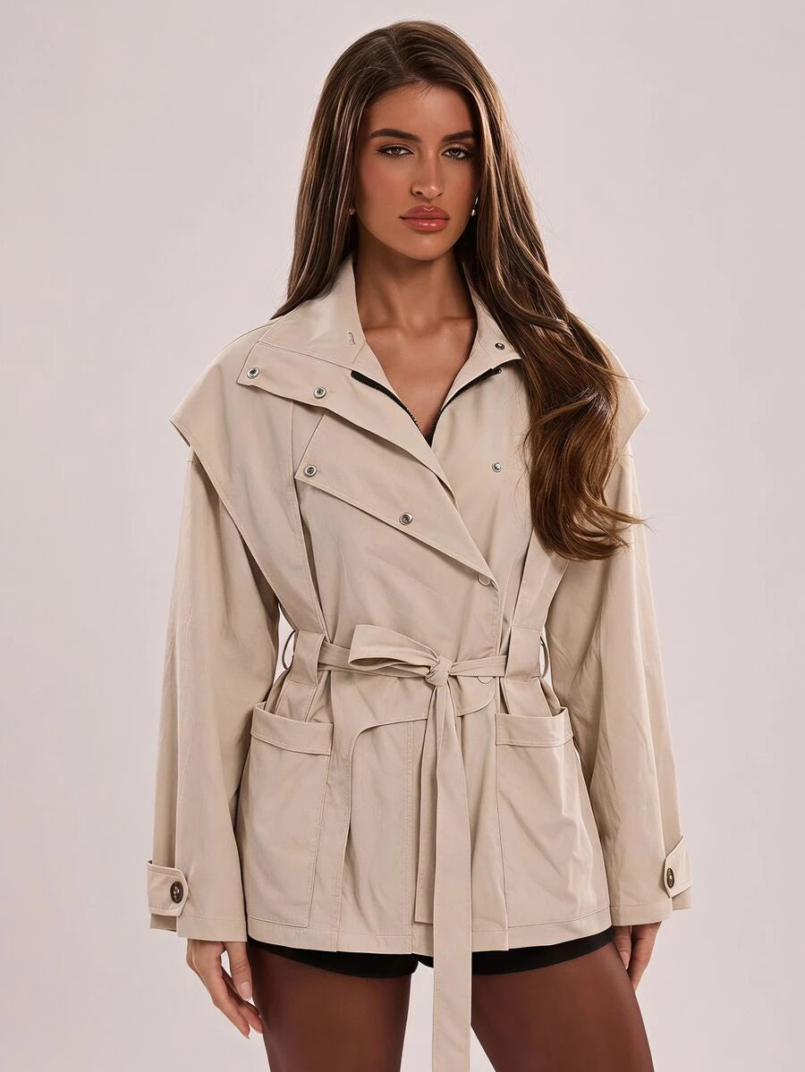 SHEIN BAE معطف ترنش بلون كاكي بأكمام طويلة وحزام خصر