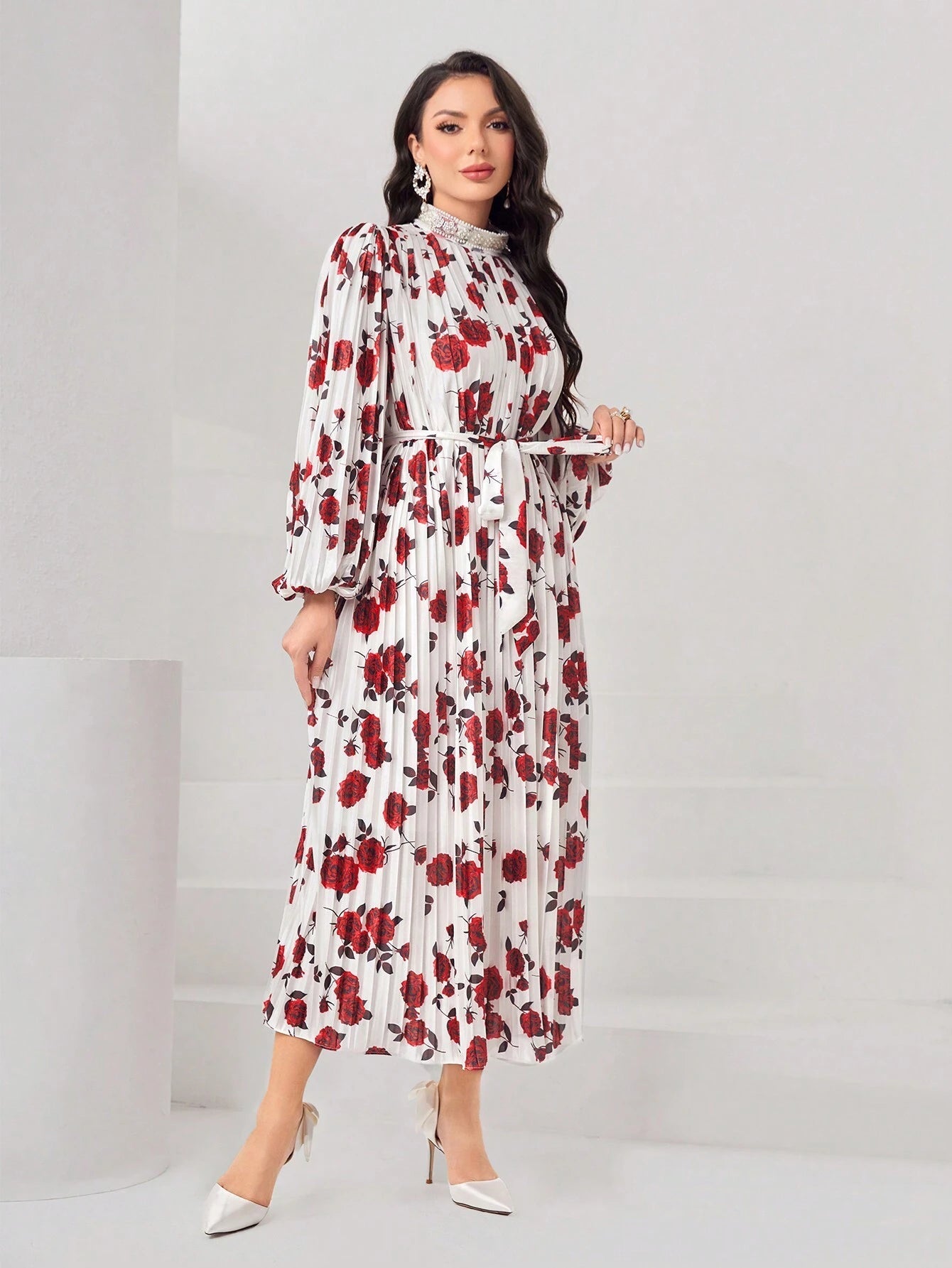 Modely Women'S Stand Collar Lantern Sleeve Floral Print Dress with Pleated Hem