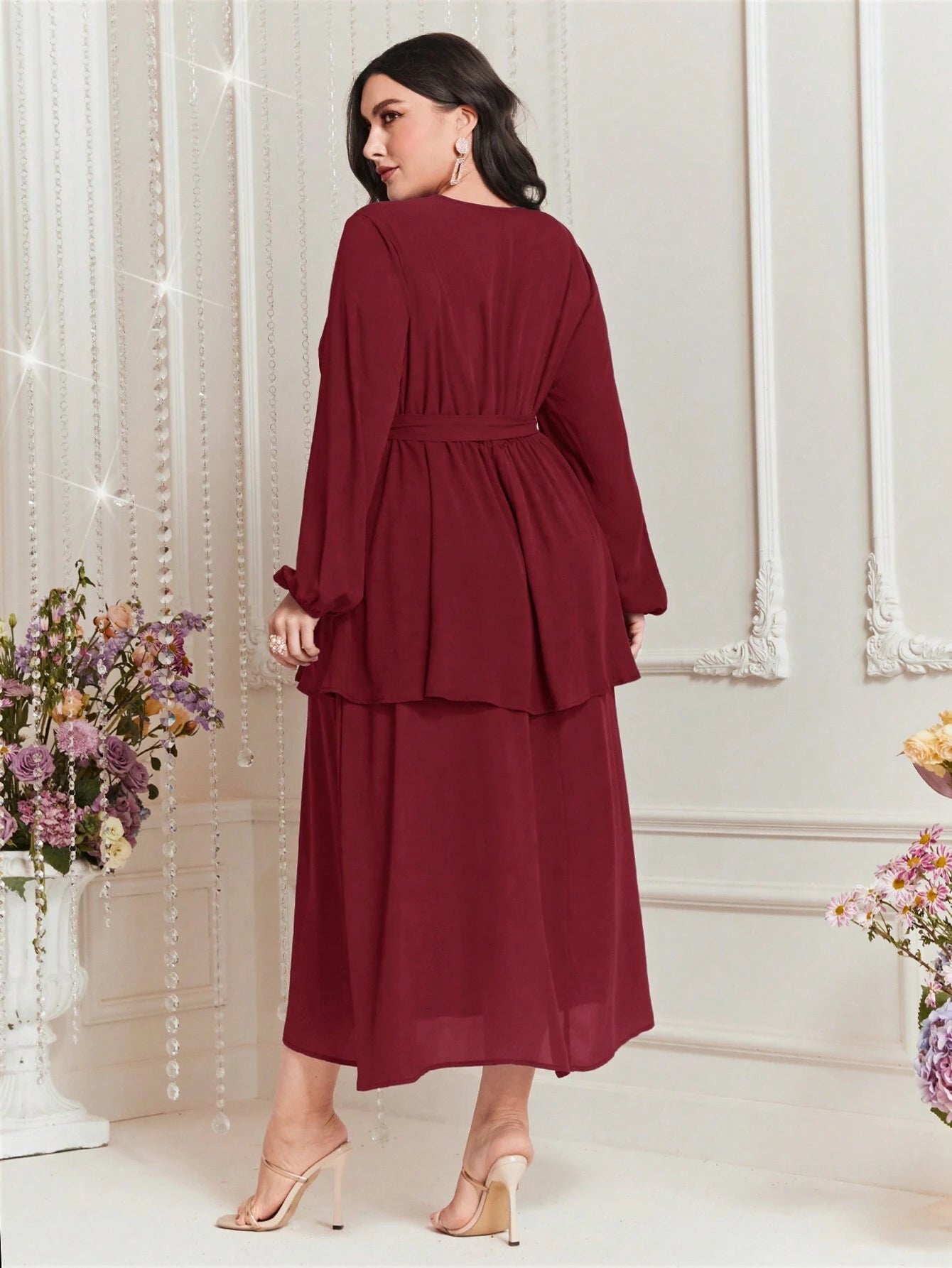 Modely plus Size Embroidered Decor Lantern Sleeve Dress