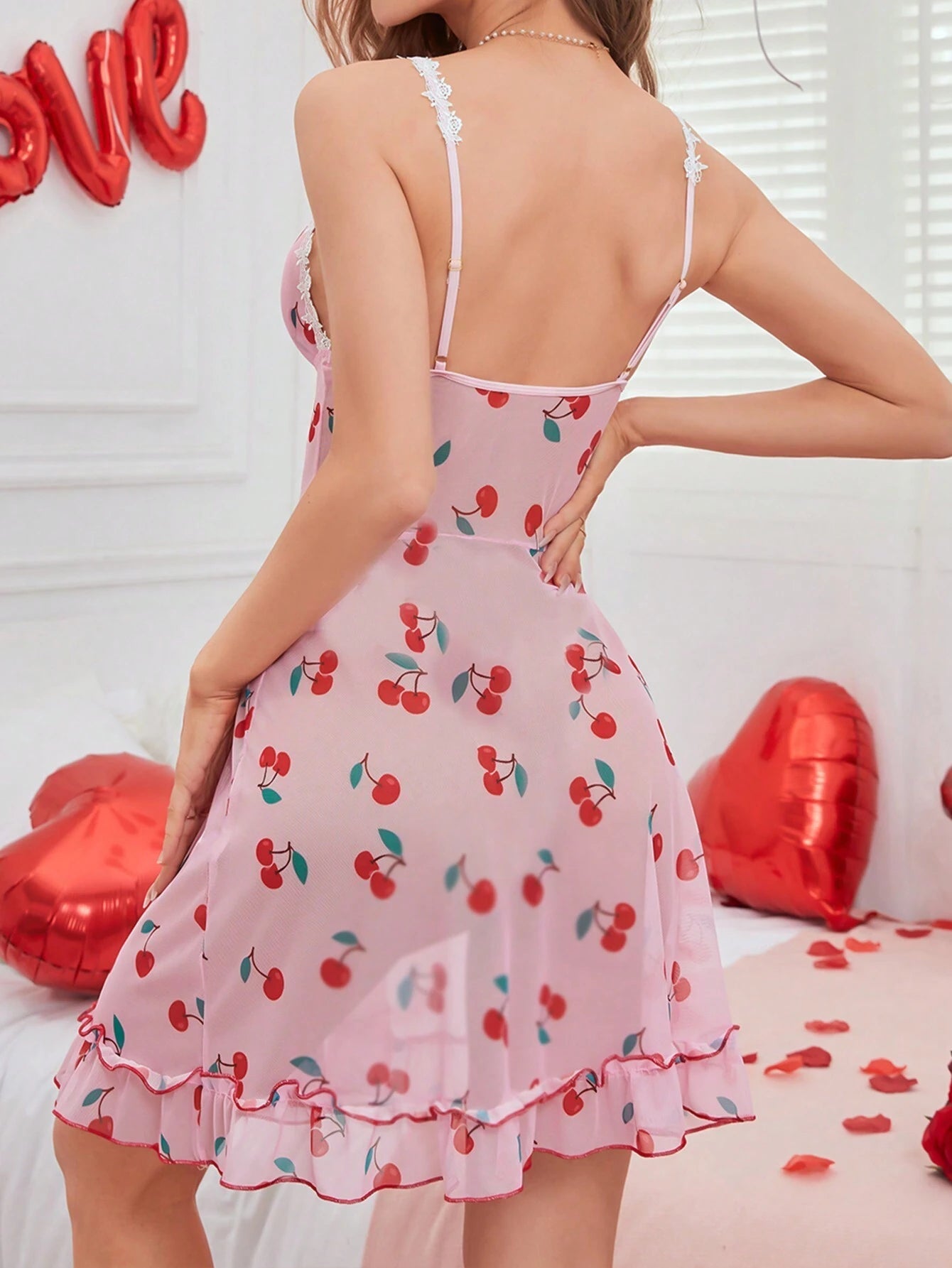 Women'S Cherry Print Spaghetti Strap Sleepwear Dress