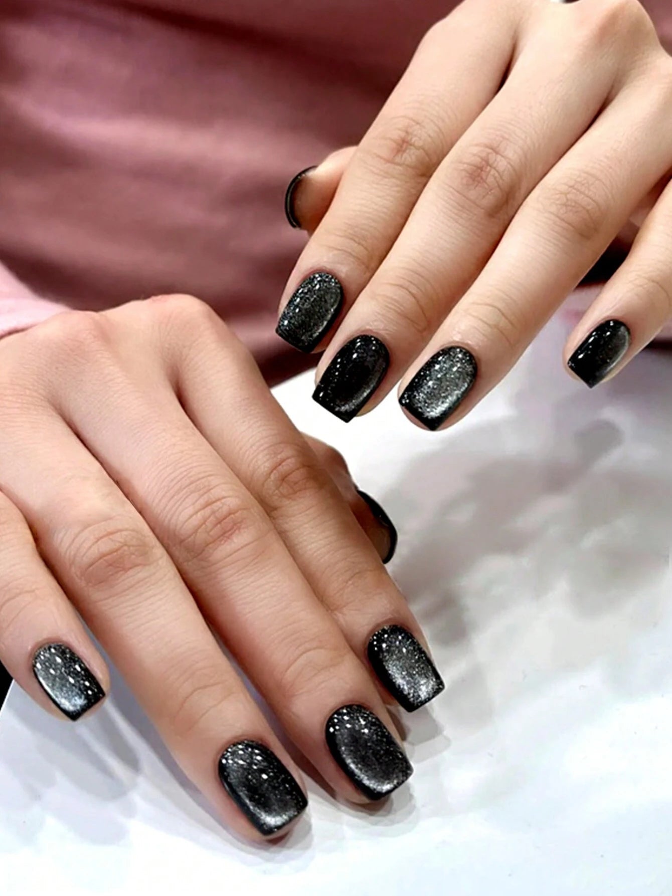 24Pcs Black Crystal Cat Eye Nails Square Glitter False Nails Full Coverage Acrylic Pressed False Nails Suitable for Daily Wear at Women'S Parties
