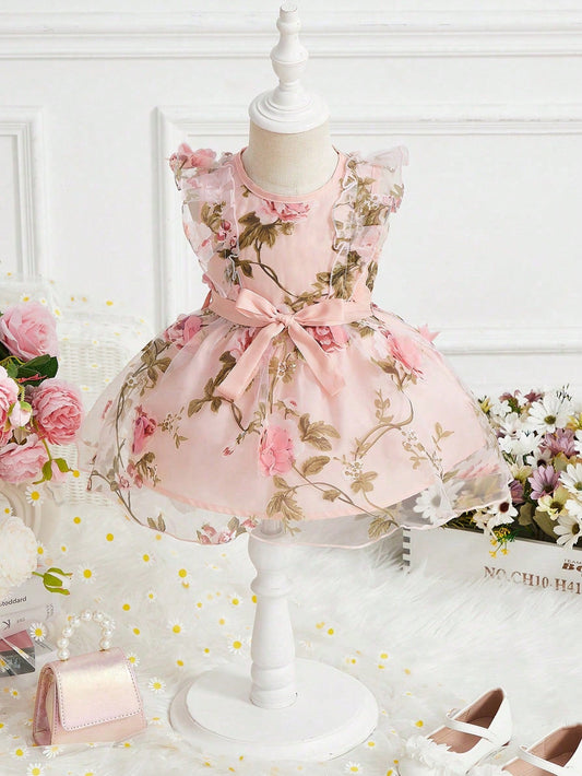 Baby Girls' Organza Floral Print Back Zipper Knot Waist Dress