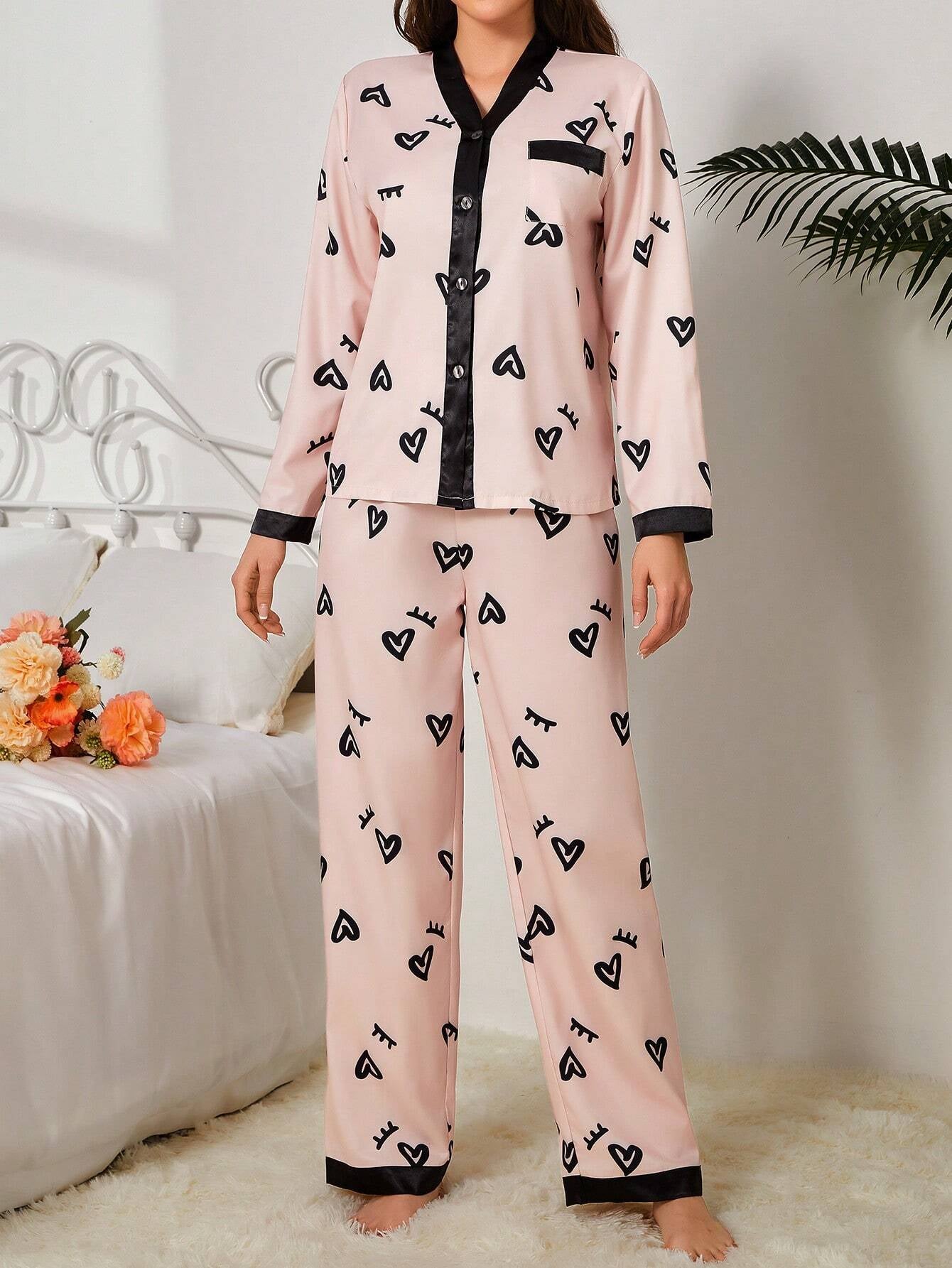 Women'S Eyelash & Heart Print Pajama Set