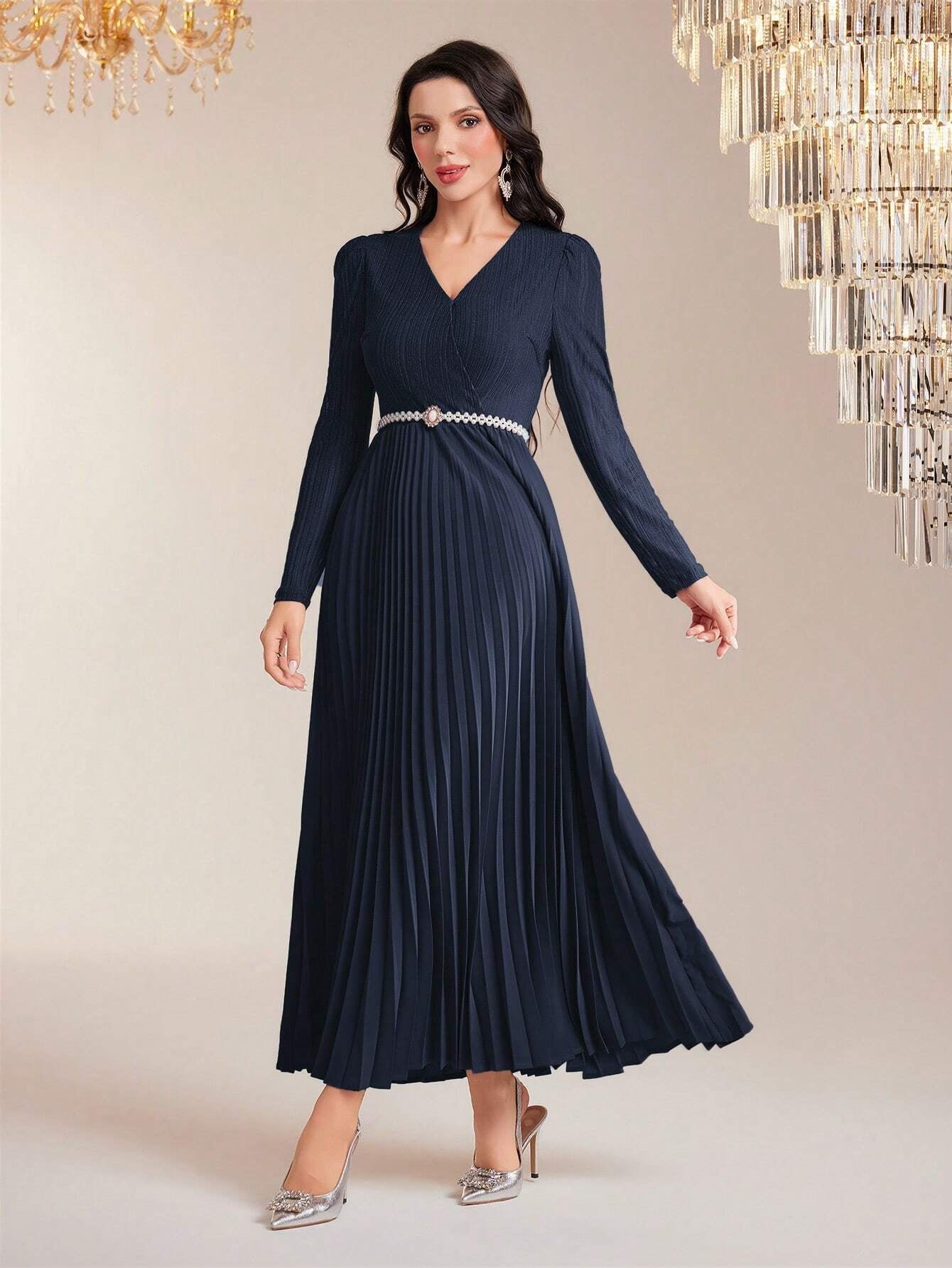 Modely Surplice Neck Pleated Hem Dress with Belt