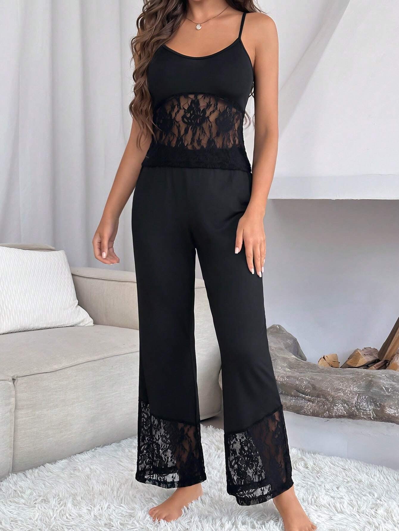 Ladies Lace Patchwork Cami Top and Shorts Sleepwear Set