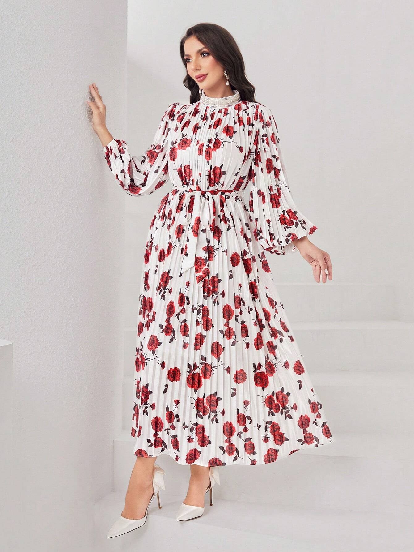 Modely Women'S Stand Collar Lantern Sleeve Floral Print Dress with Pleated Hem