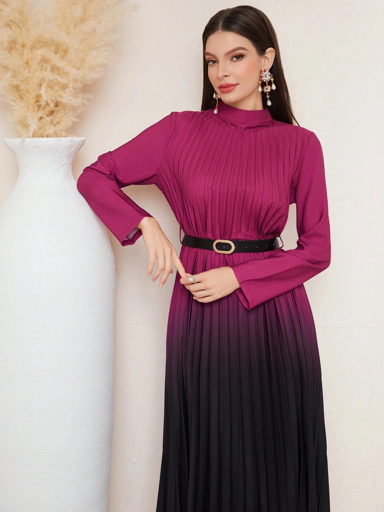 Modely Women'S Gradient Color Stand Collar Pleated Long Sleeve Dress