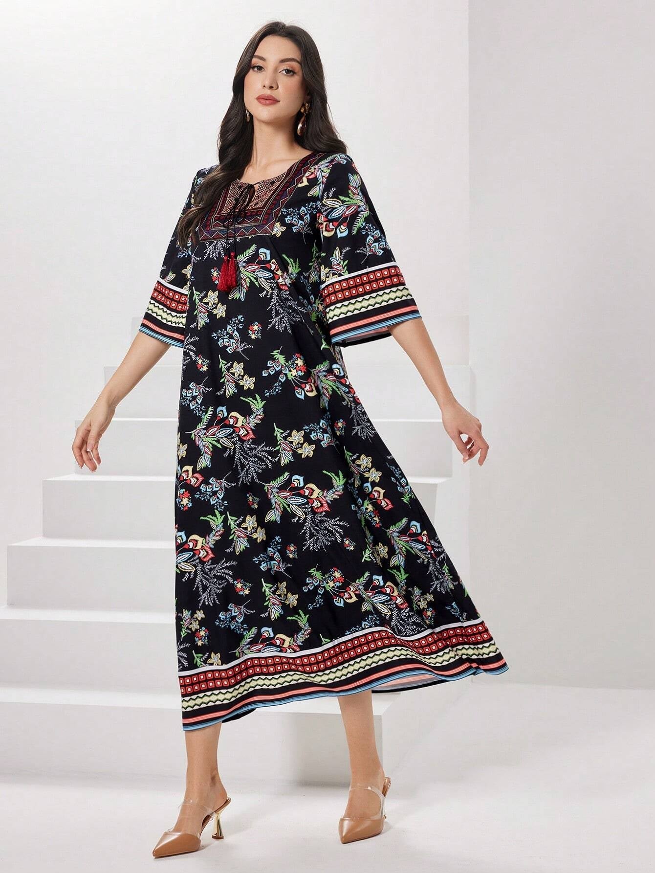 Najma Women'S Floral Printed Arabian Style Dress with Bell Sleeves