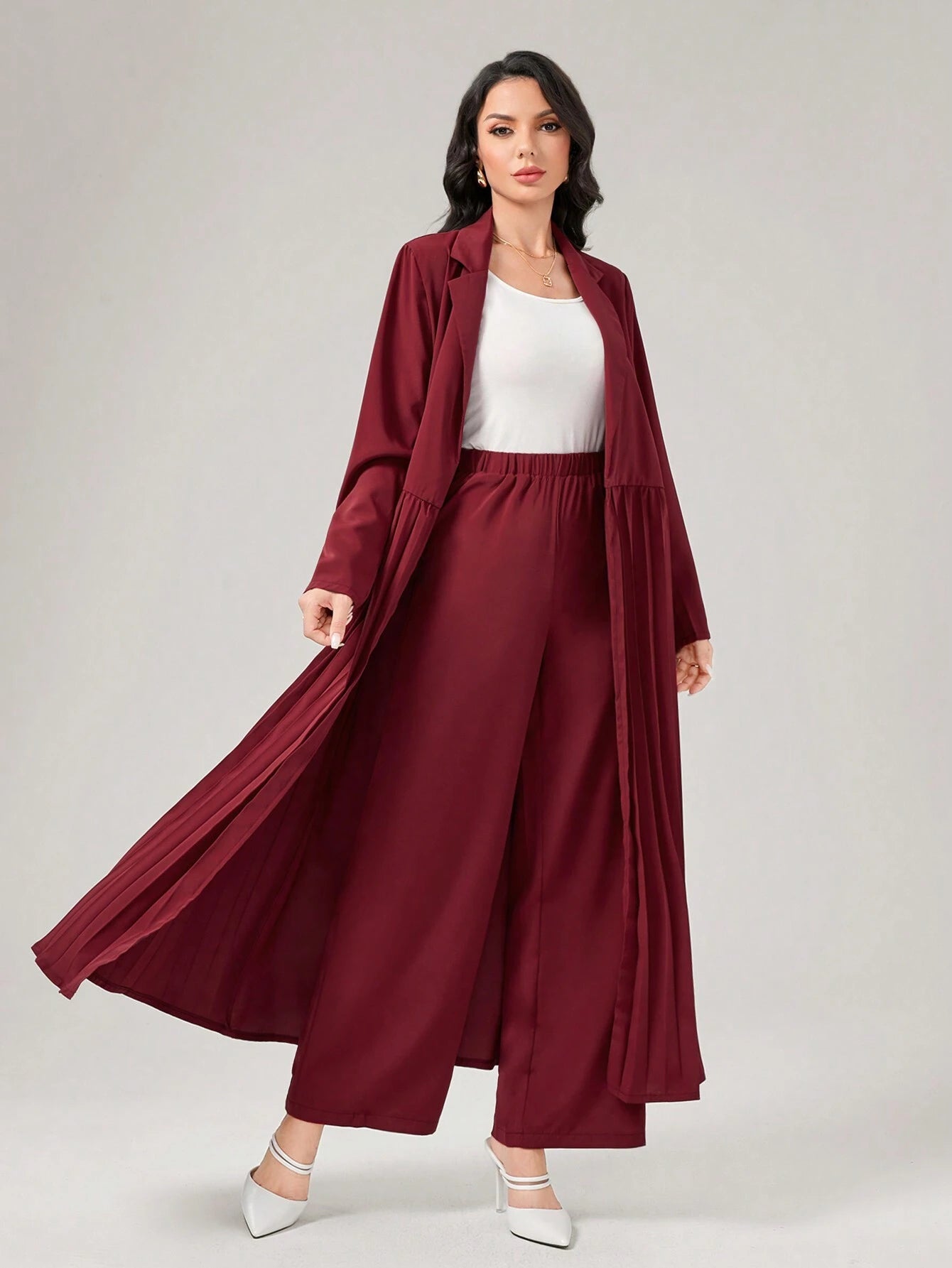 Najma Lapel Collar Pleated Abaya with Wide Leg Pants