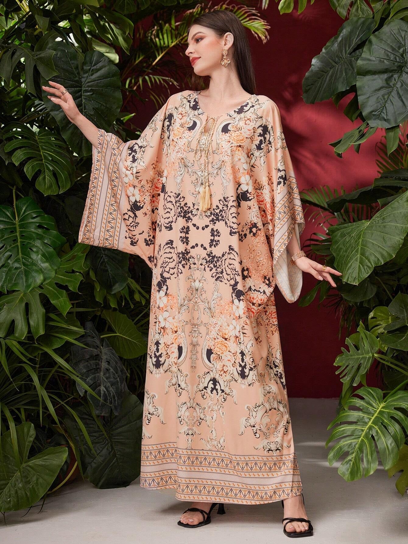 Najma Ladies' Floral Printed Batwing Sleeve Arab Style Dress