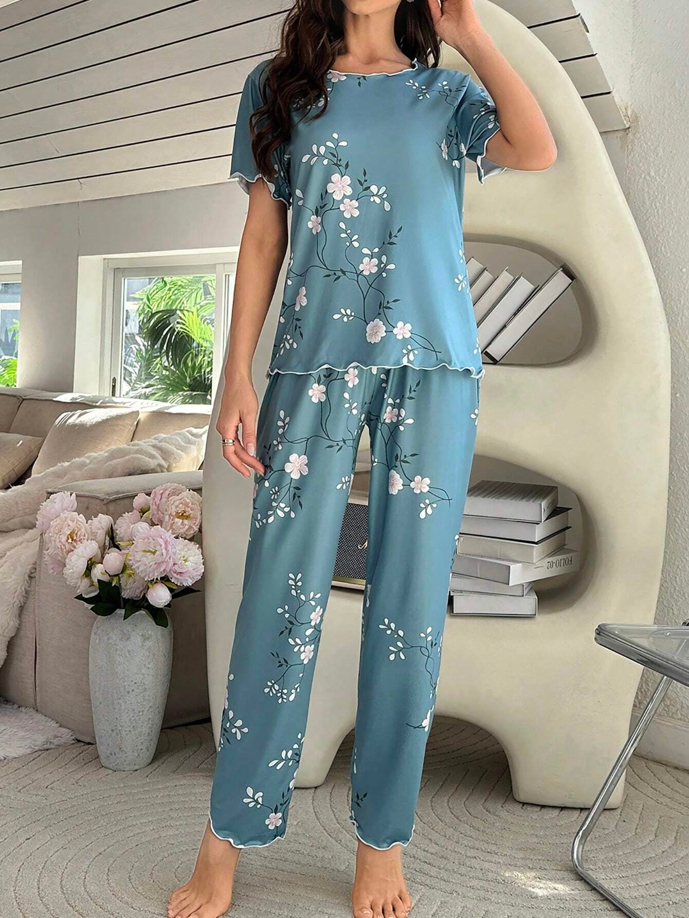 Floral Printed Short Sleeve Top & Pants Homewear Set