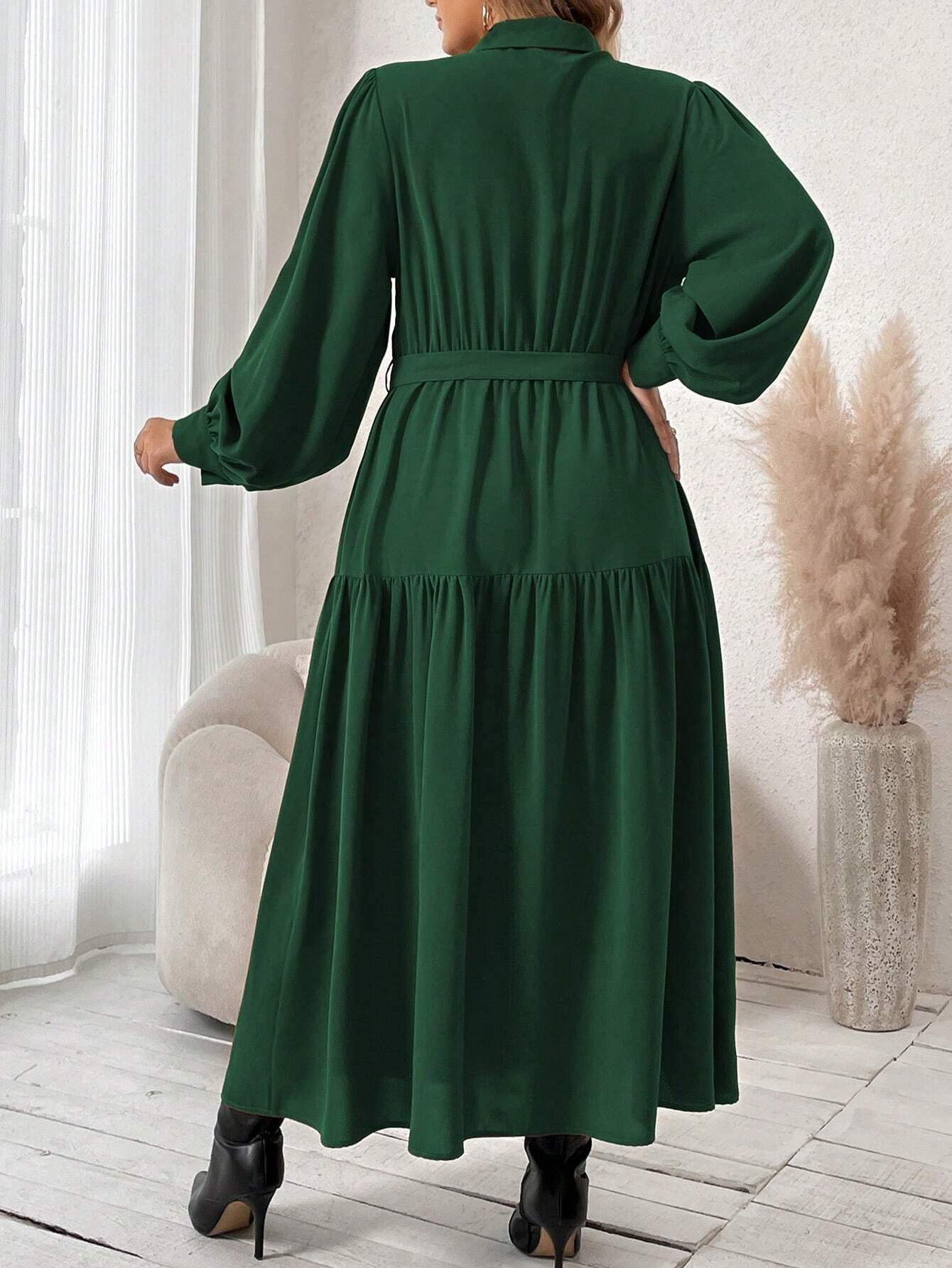 Frenchy plus Lantern Sleeve Ruffle Hem Belted Shirt Dress