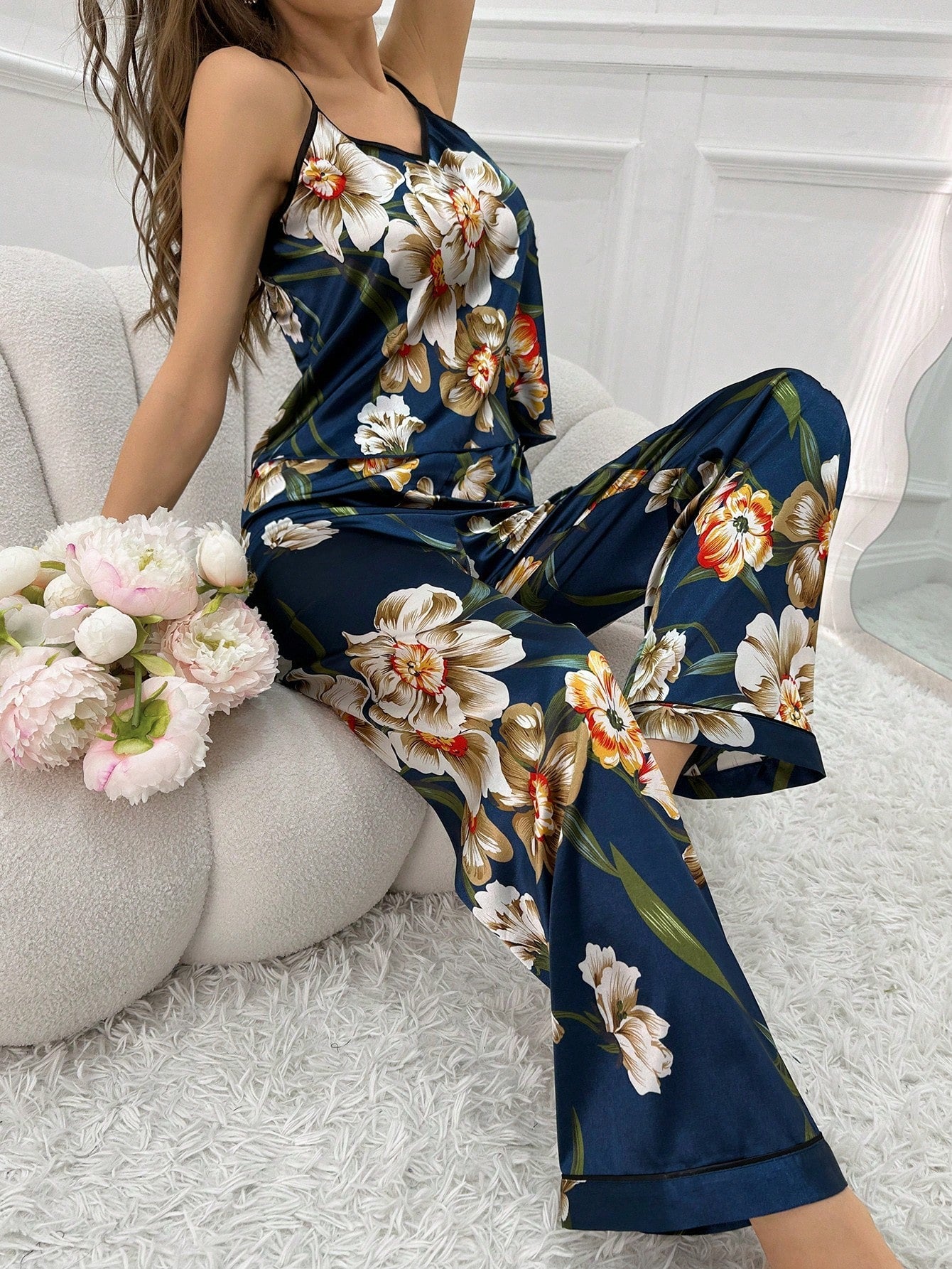 Women'S Floral Printed Satin Cami Top & Pants Set