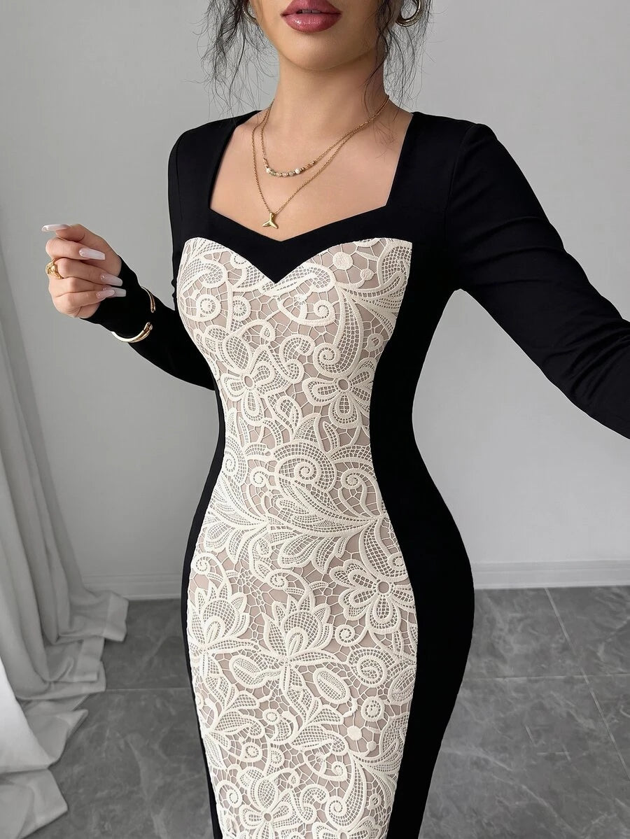 SHEIN Elenzga فستان أسود مطبوع برقعات دانتيل وأكمام طويلة