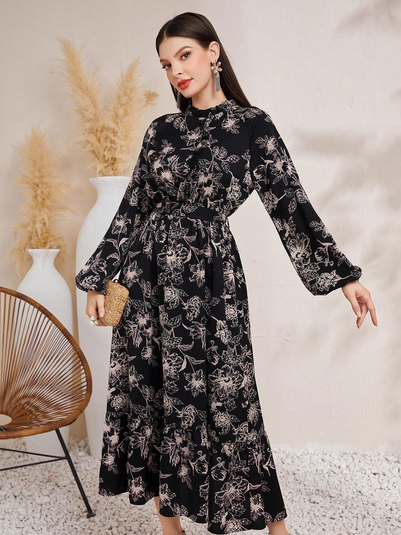 Modely Women'S Lantern Sleeve Dress with Floral Print