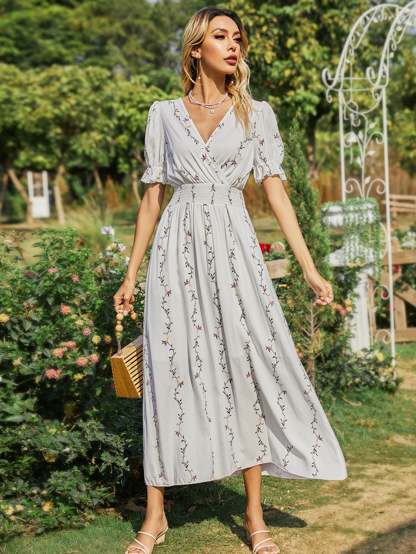 Mulvari Plants Print Surplice Front Shirred Waist Dress