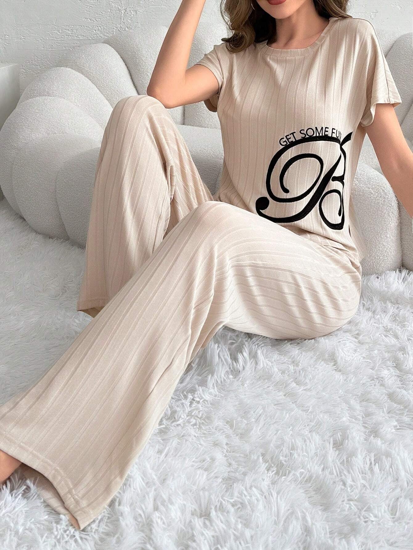 Women'S Loose Fit Casual Home Wear Set with Letter Embroidery