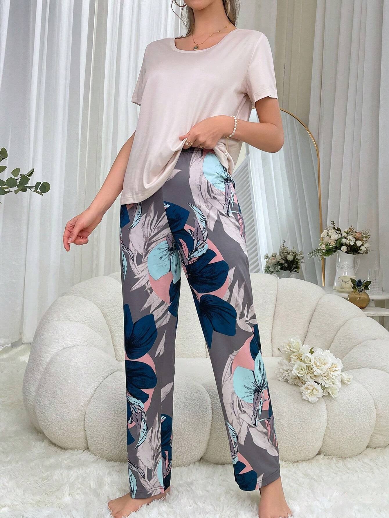 Women'S Pure Color Top and Flower Print Pants Pajama Set