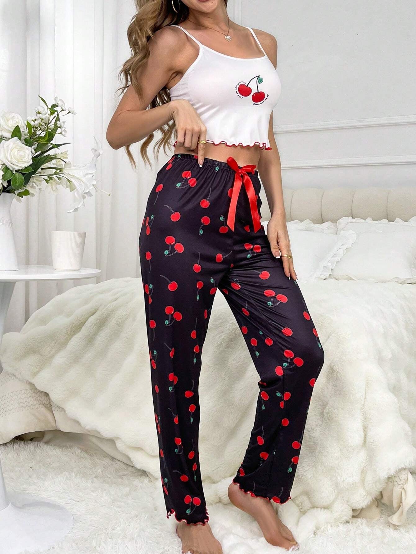 Cherry Print Cami Top & Bow Front Pants PJ Set