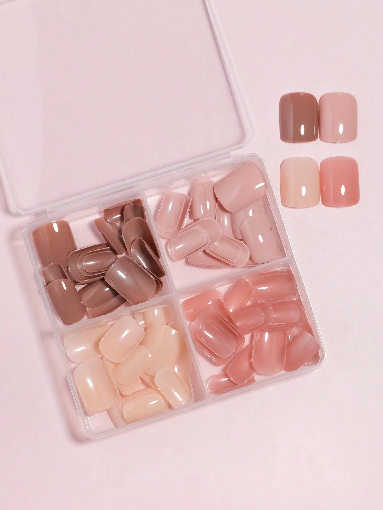 96Pcs(Dark Nude/Nude/Cream/Shrimp Pink-4Colors) Medium Square Press on Nails Acrylic Short Fake Nails Full Cover Solid Colors Designs Shiny Glue on Nails False Nail as Gift for Women and Girls with Storage Box