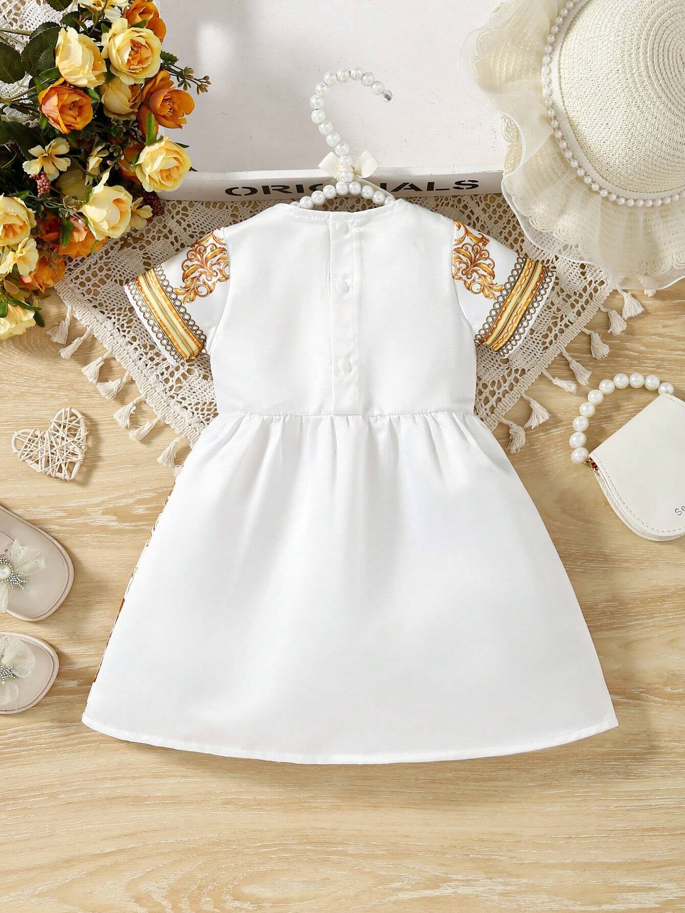 Comfortable, Cute and Fashionable Short-Sleeved Outdoor Palace Wedding Gown Design Printed Back Open Baby Girls' Dress