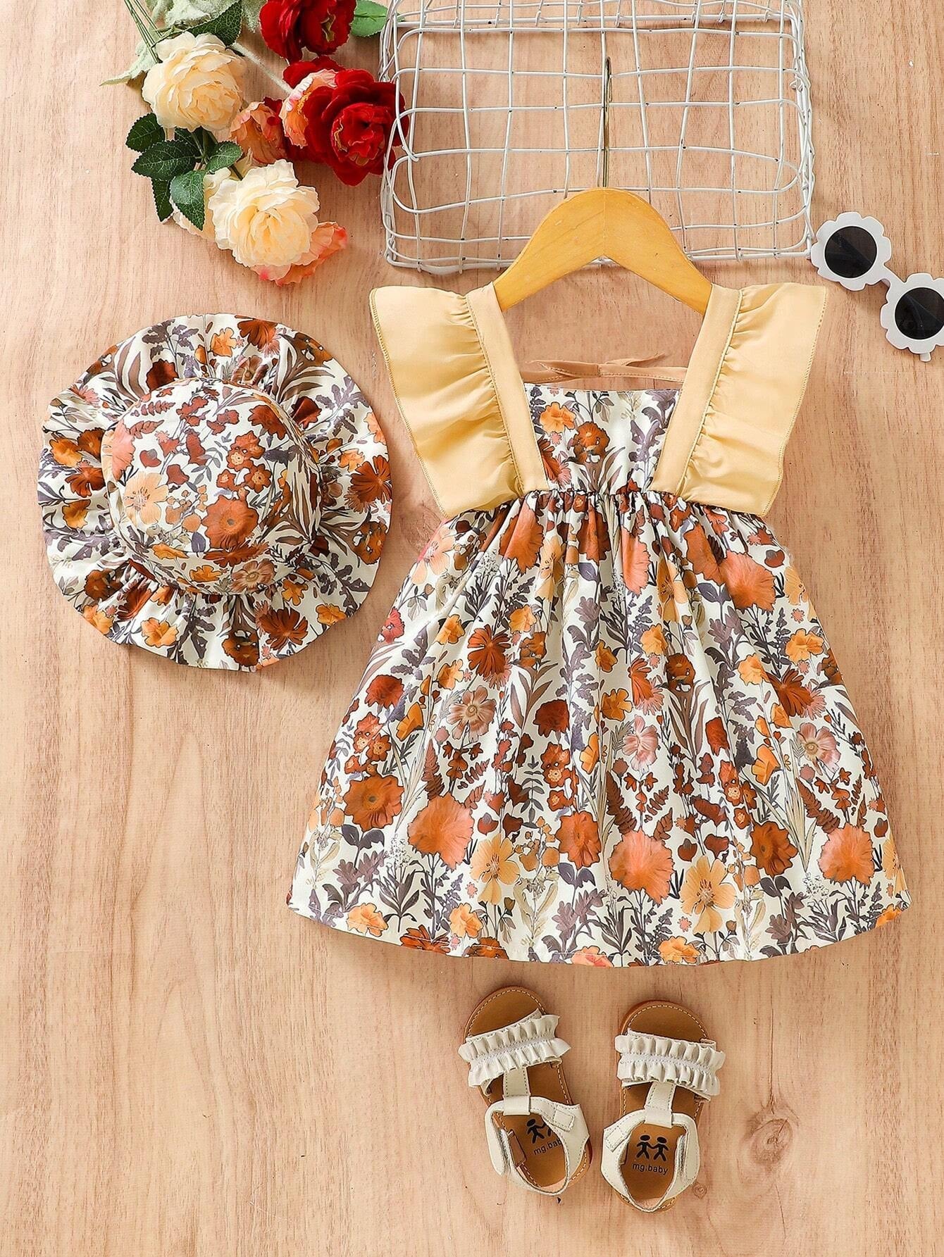 Baby Girl Floral Print Ruffle Trim Dress with Hat