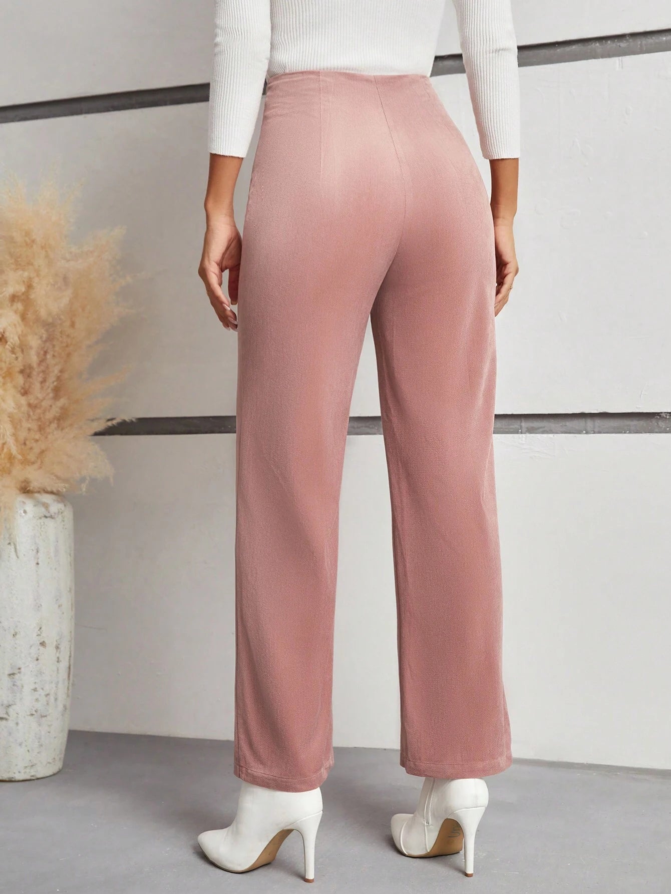 Frenchy High-Waisted Straight Leg Pants with Double Breasted Decoration