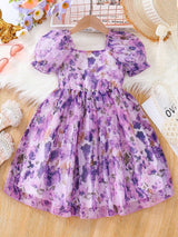 Young Girls' Summer Flower Print Dress, Purple Floral Princess Dress with Puff Sleeves