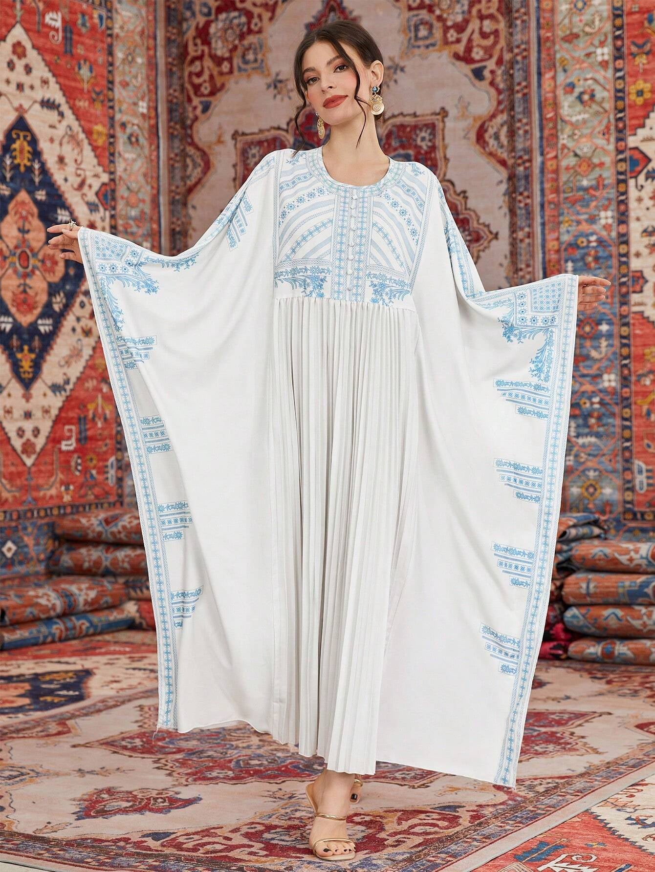 Najma Women'S Loose Fit Kaftan with Contrasting Colors & Printed round Neckline