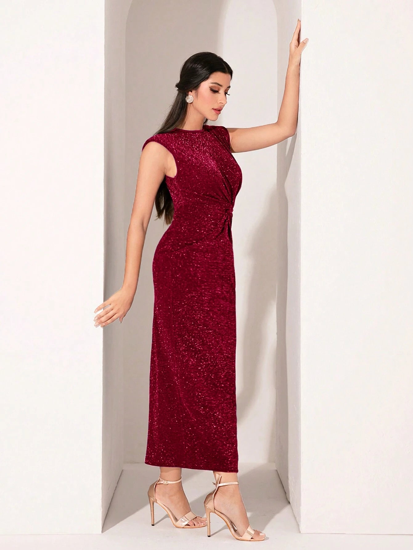 Modely Shoulder Pad Twist Front Glitter Dress
