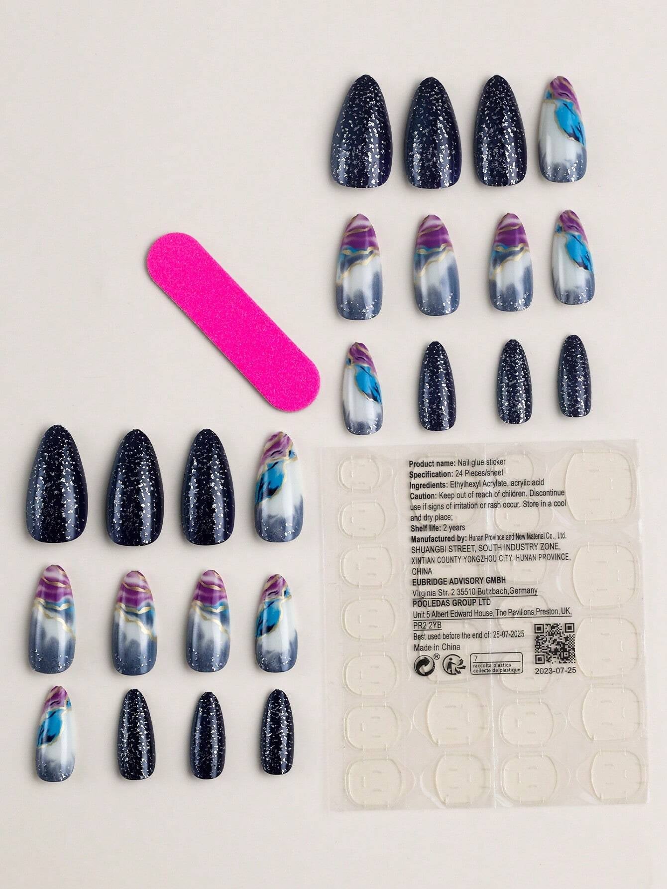 Marble Pattern, Silver Glitter, Medium Sized Coffin False Nails Set (24 Pcs) + Jelly Glue (1 Pc) + Nail File (1 Pc)