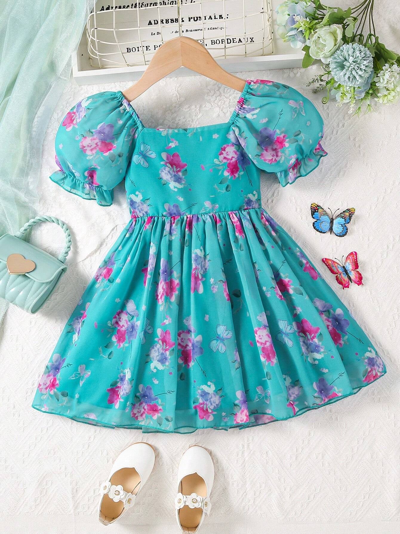 Young Girl'S Floral Printed Puff Sleeve Dress