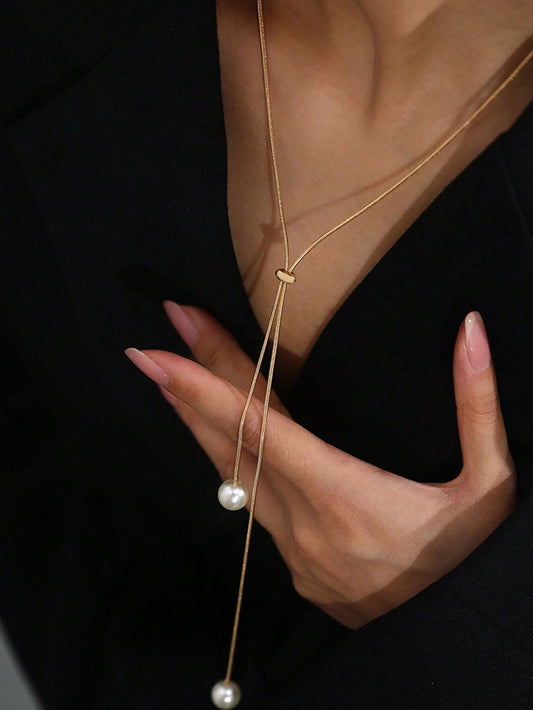 1Pc Fashionable and Versatile Adjustable Pull-Cord Long Faux Pearl Necklace for Women