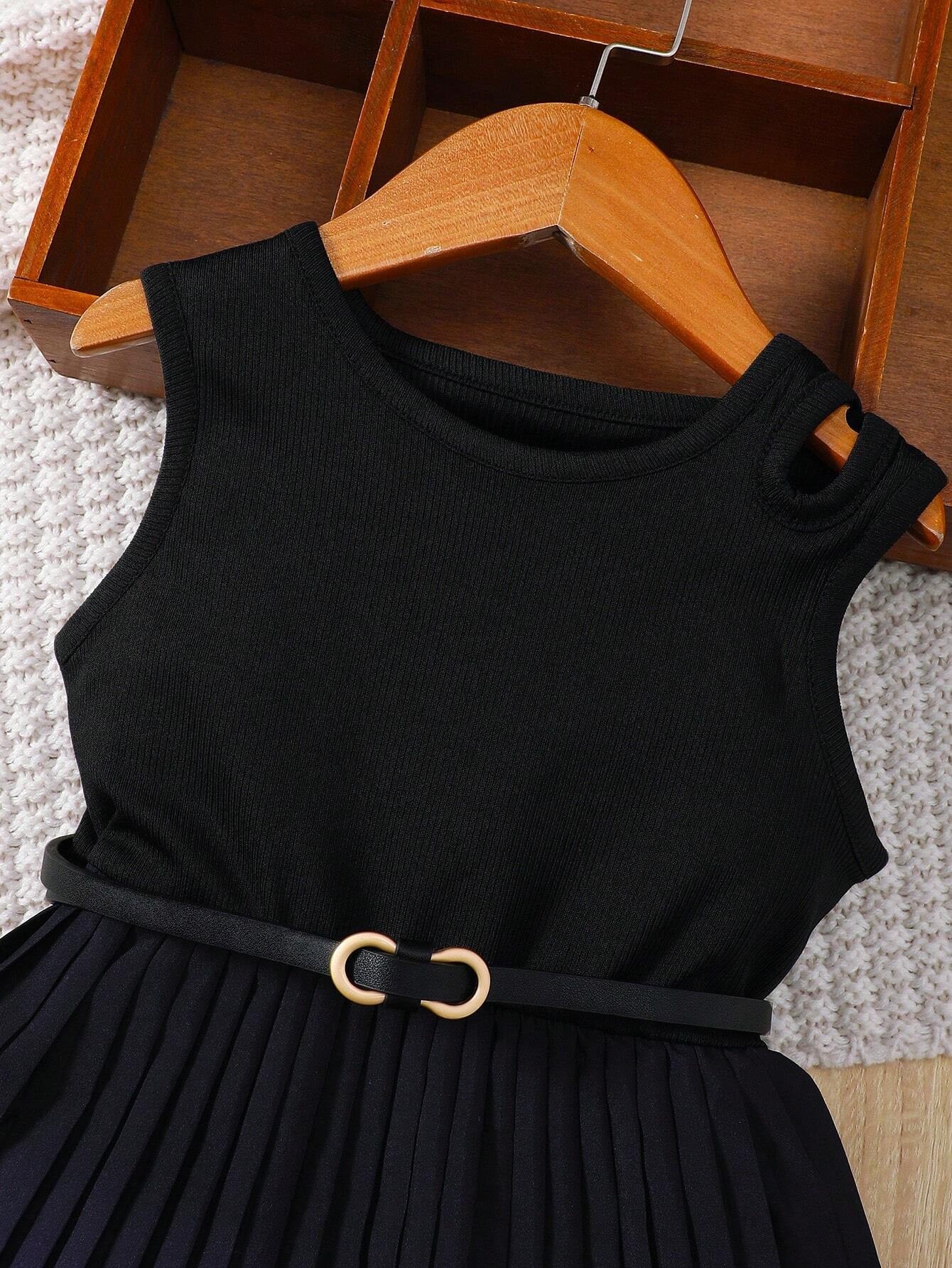 Young Girl Gradient Colorblock Pleated Hem Sleeveless Dress for Summer