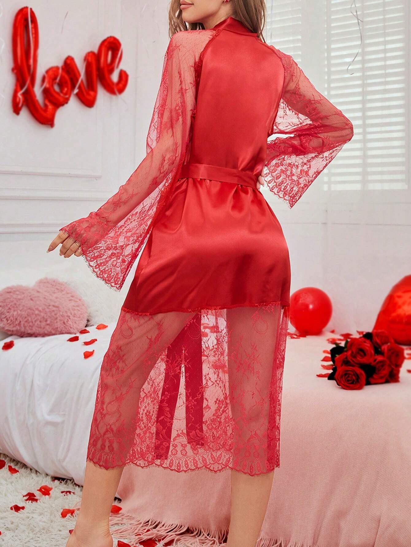 Women'S Lace Patchwork Flare Sleeve Robe with Tie Belt