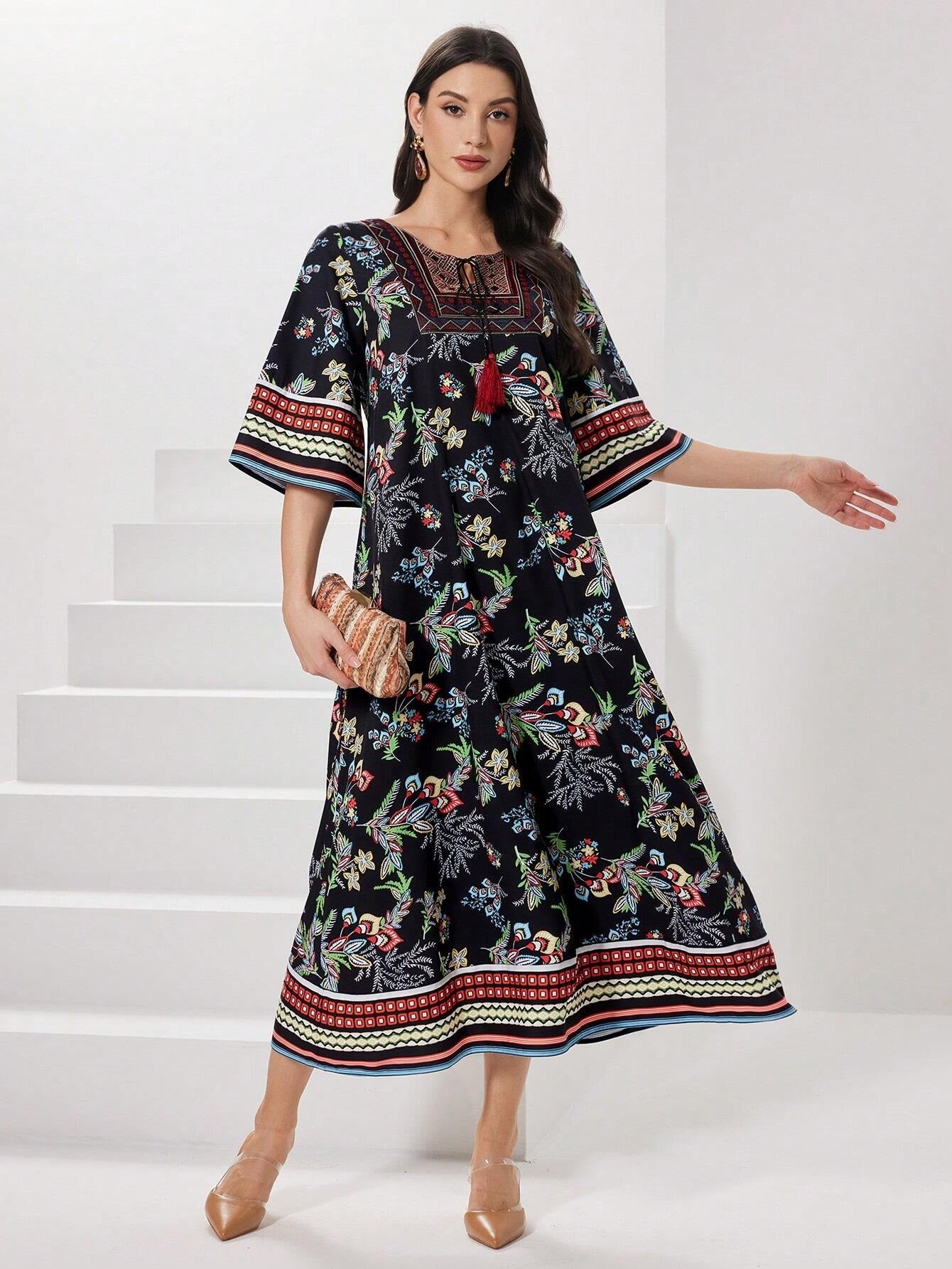 Najma Women'S Floral Printed Arabian Style Dress with Bell Sleeves