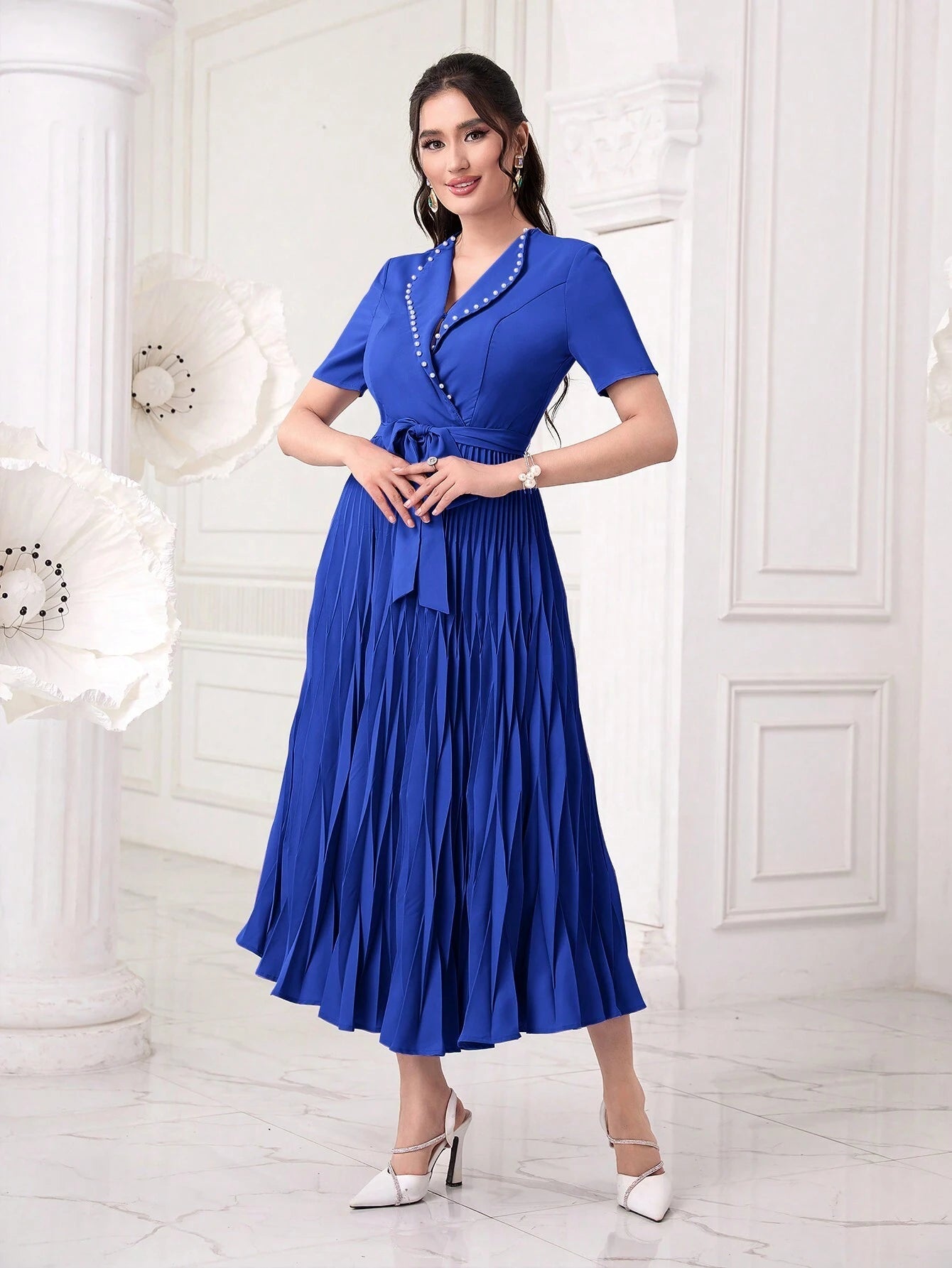 Modely Pearls Beaded Detail Belted Pleated Hem Dress