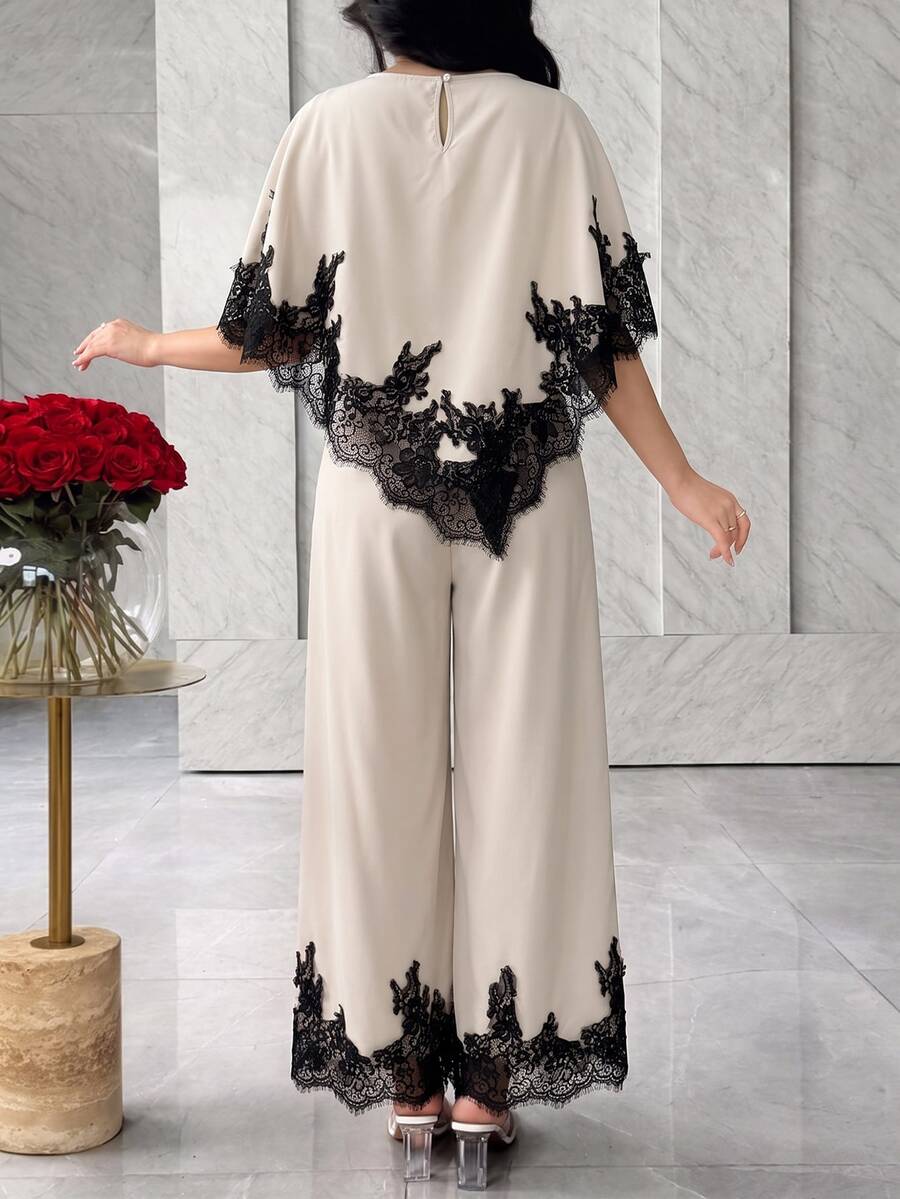SHEIN Modelyn طقم نسائي قطعتين بلوزة مزينة بالدانتيل وبنطلون واسع الساق